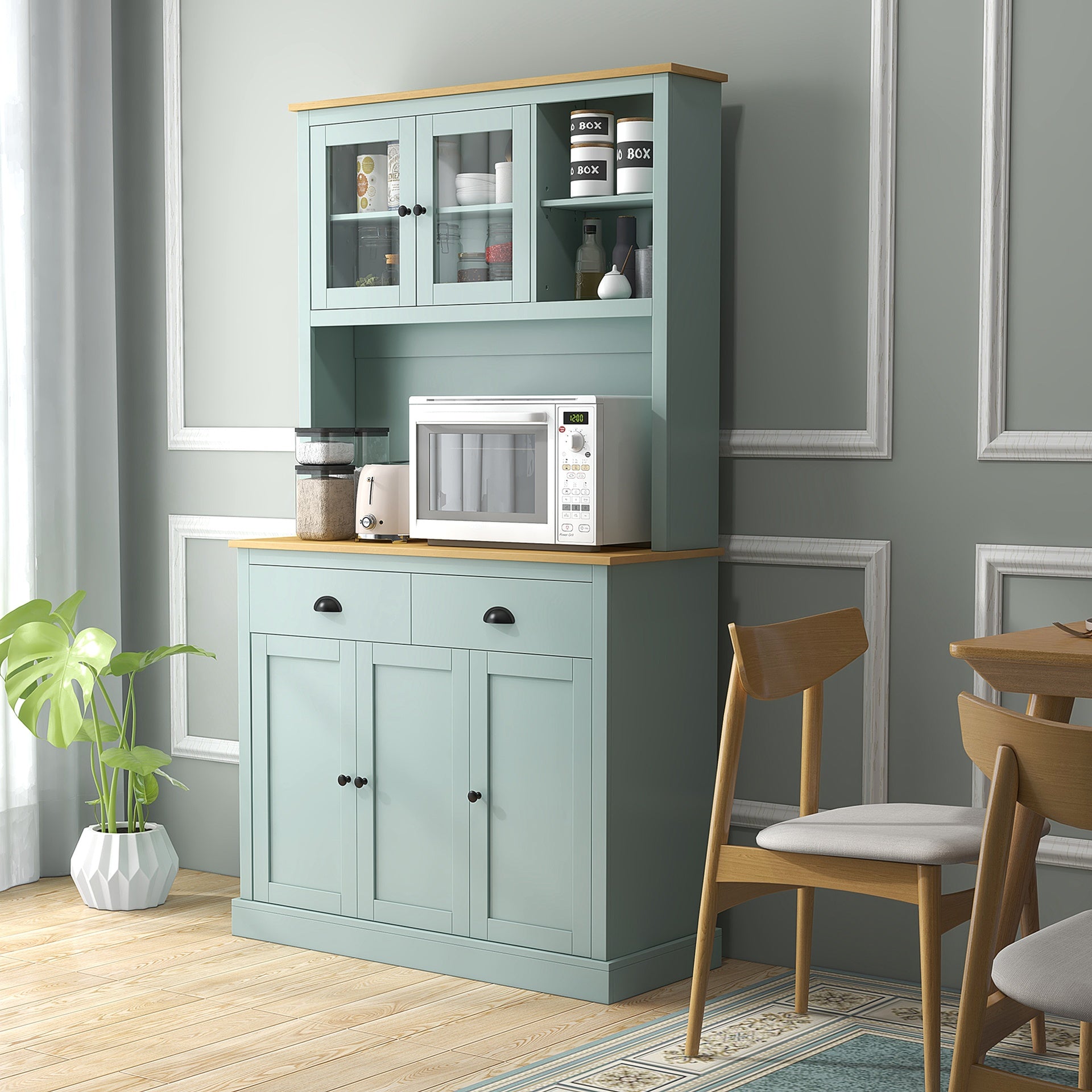 HOMCOM Kitchen Pantry Storage Cabinet with Microwave Stand, 71" Modern Kitchen Hutch with Open Countertop, Glass Doors, Storage Drawers and Adjustable Shelves for Dining Room, Coffee Bar, Light Green
