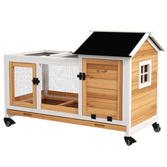 PawHut Wooden Rabbit Hutch with Wheels, Run, Slide-out Tray for Small Animals, Guinea Pig, Yellow