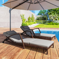 Outsunny Set of 2 Wicker Chaise Lounge Chair Outdoor Patio Lounger with 5 Adjustable Back, Wheels, Cushion, and Armrests, Gray