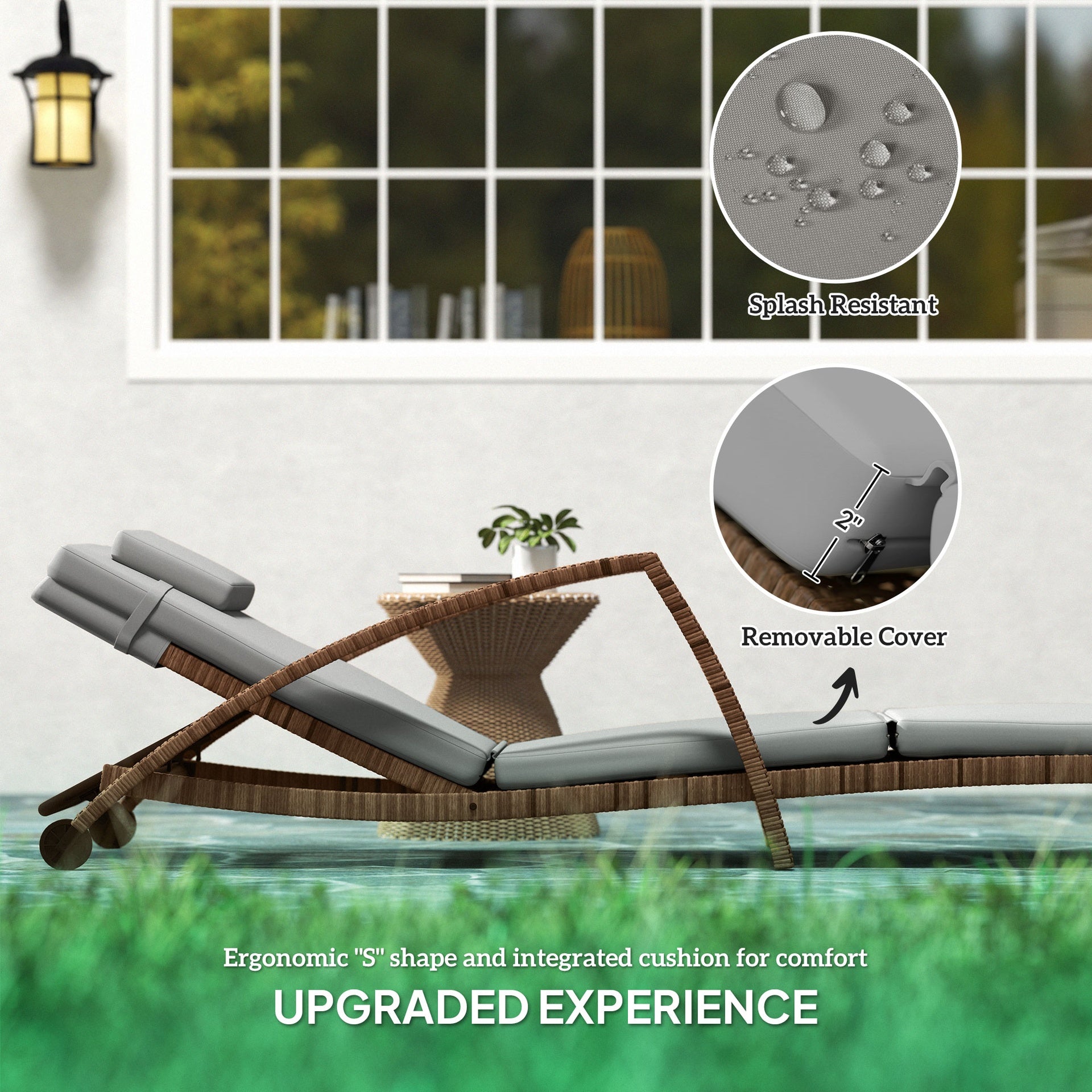 Outsunny Set of 2 Wicker Chaise Lounge Chair Outdoor Patio Lounger with 5 Adjustable Back, Wheels, Cushion, and Armrests, Gray