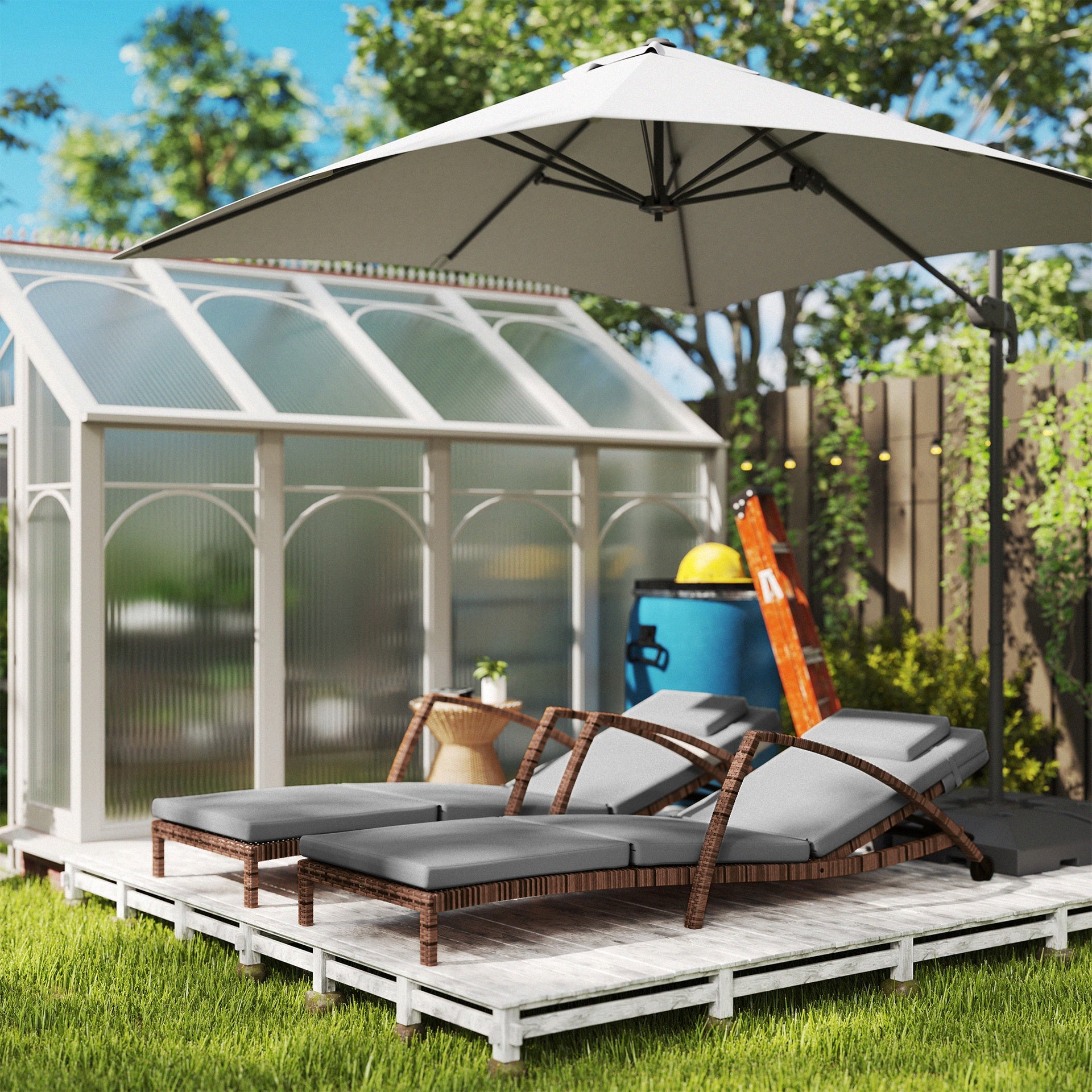 Outsunny Set of 2 Wicker Chaise Lounge Chair Outdoor Patio Lounger with 5 Adjustable Back, Wheels, Cushion, and Armrests, Gray