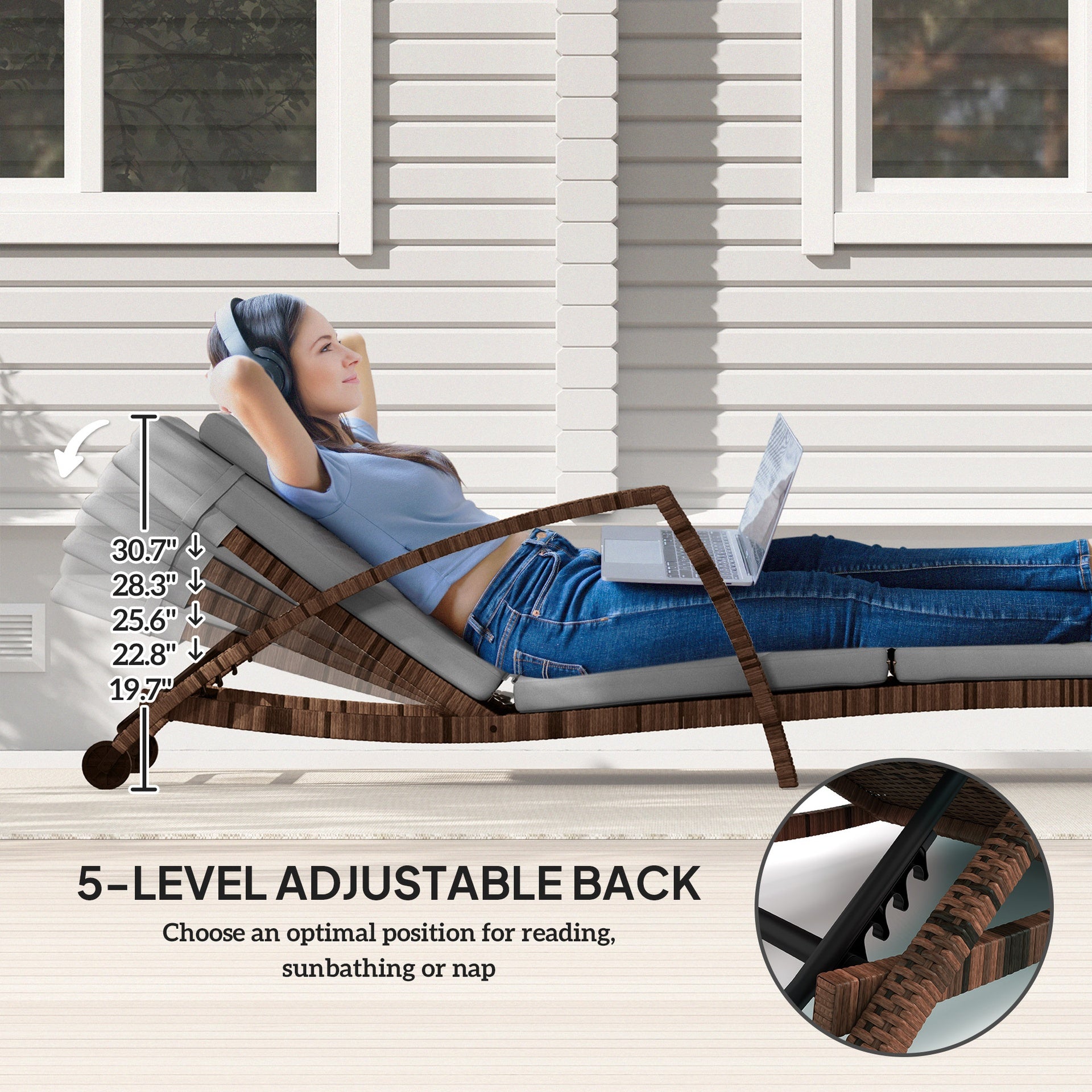 Outsunny Set of 2 Wicker Chaise Lounge Chair Outdoor Patio Lounger with 5 Adjustable Back, Wheels, Cushion, and Armrests, Gray