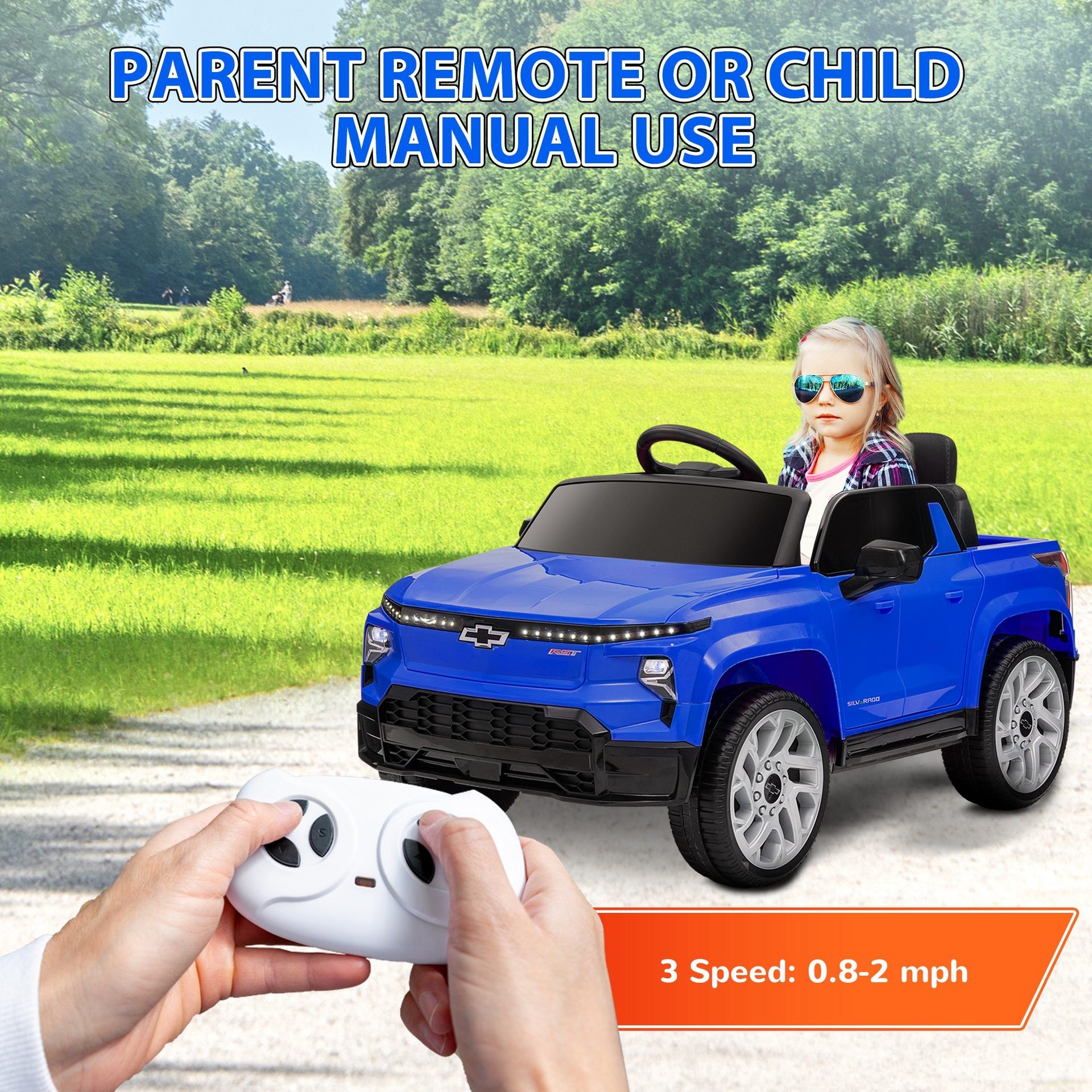 Qaba 12V Chevrolet Silverado EV RST Licensed Kids Electric Car with Parent Remote Control, Spring Suspension, Blue