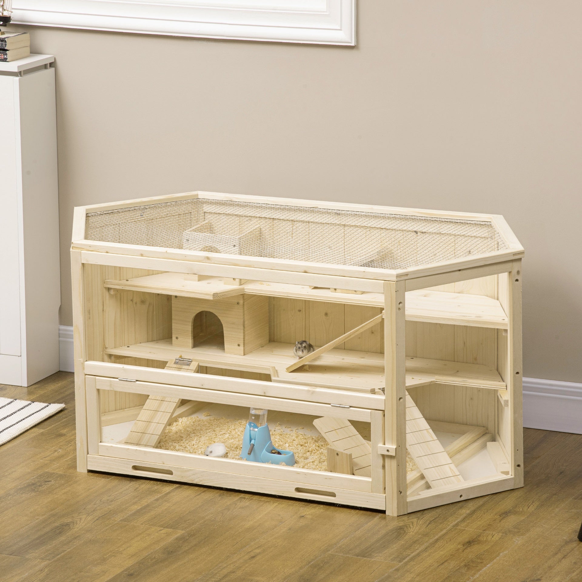 PawHut Wooden Large Hamster Cage Small Animal Exercise Play House 3 Tier with Tray, Seesaws, Water Bottle, Activity Center, Natural