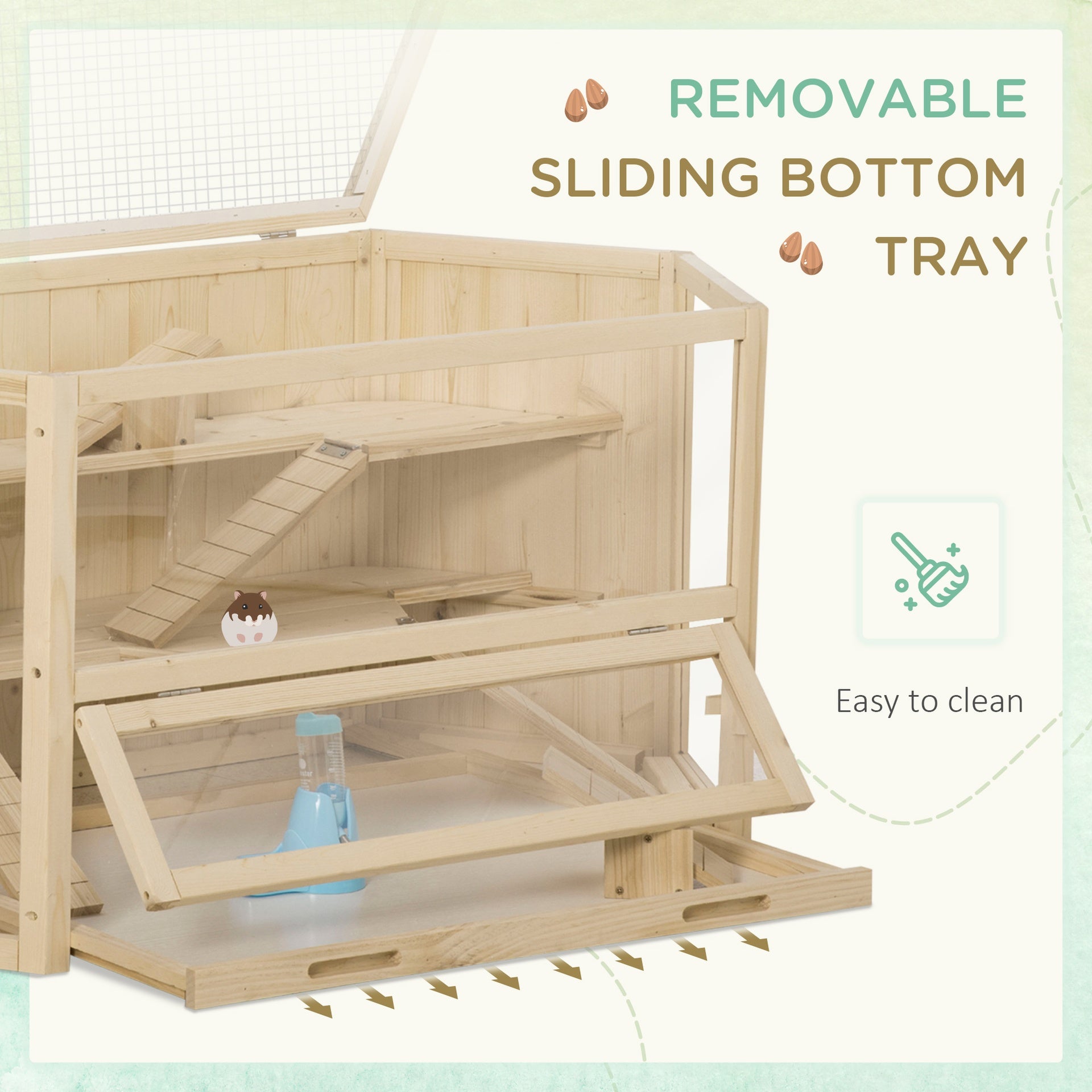 PawHut Wooden Large Hamster Cage Small Animal Exercise Play House 3 Tier with Tray, Seesaws, Water Bottle, Activity Center, Natural