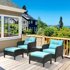 Outsunny 5 Pieces Rattan Wicker Lounge Chair Outdoor Patio Conversation Set with 2 Cushioned Chairs, 2 Ottomans and Tempered Glass Top Coffee Table, Brown/Blue