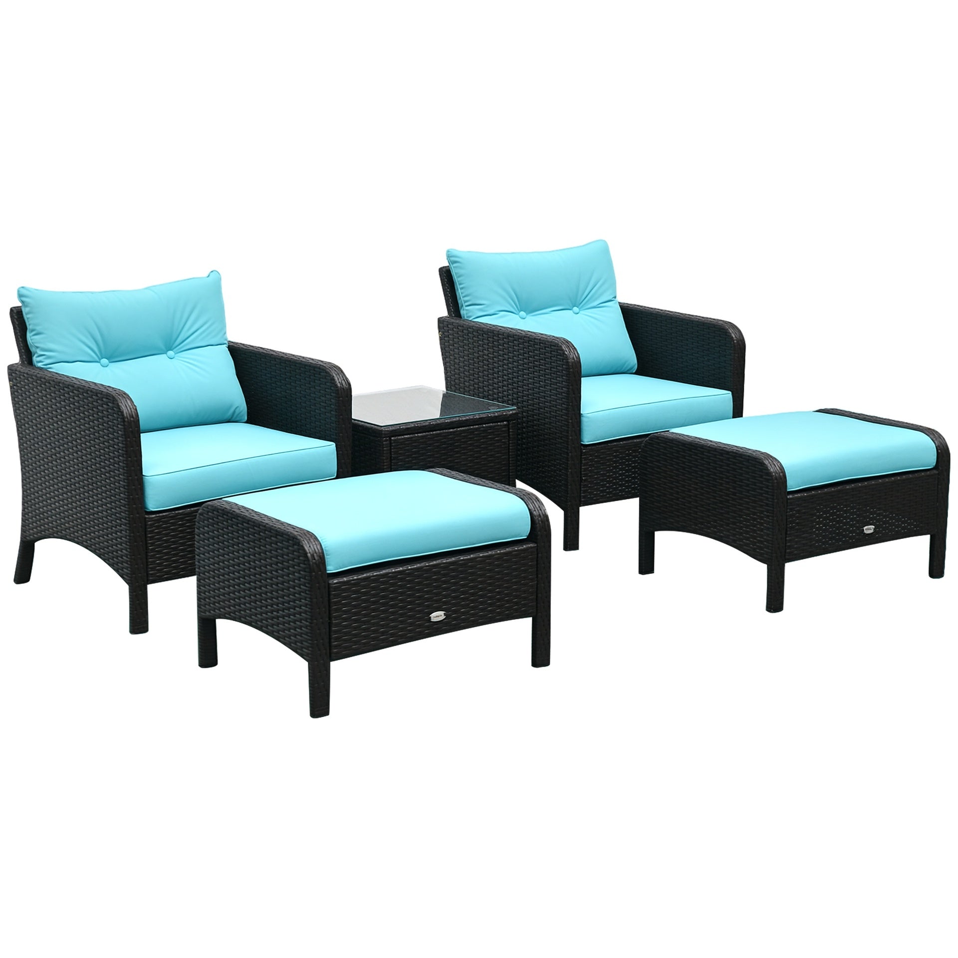 Outsunny 5 Pieces Rattan Wicker Lounge Chair Outdoor Patio Conversation Set with 2 Cushioned Chairs, 2 Ottomans and Tempered Glass Top Coffee Table, Brown/Blue
