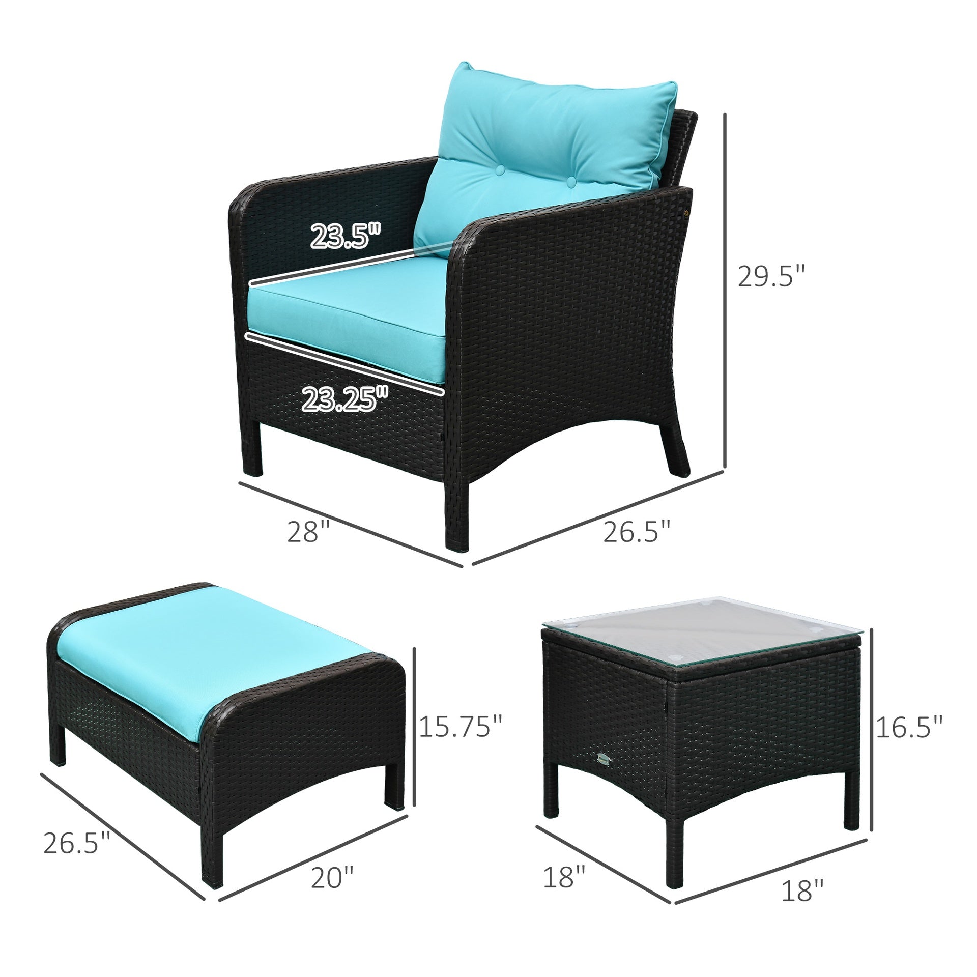 Outsunny 5 Pieces Rattan Wicker Lounge Chair Outdoor Patio Conversation Set with 2 Cushioned Chairs, 2 Ottomans and Tempered Glass Top Coffee Table, Brown/Blue