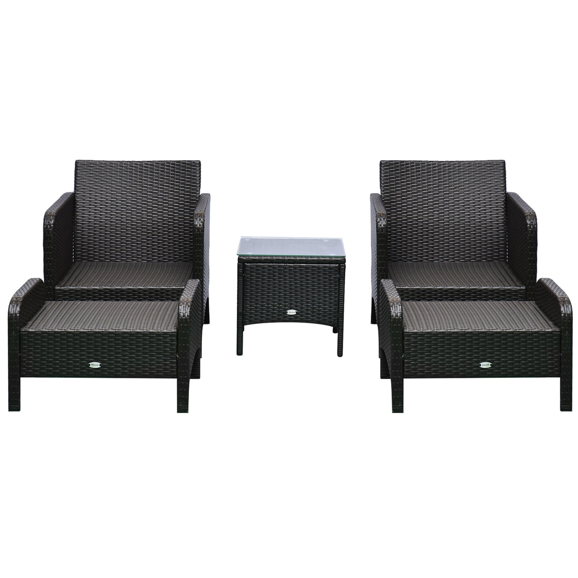 Outsunny 5 Pieces Rattan Wicker Lounge Chair Outdoor Patio Conversation Set with 2 Cushioned Chairs, 2 Ottomans and Tempered Glass Top Coffee Table, Brown/Blue