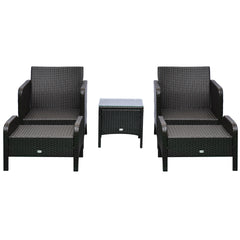 Outsunny 5 Pieces Rattan Wicker Lounge Chair Outdoor Patio Conversation Set with 2 Cushioned Chairs, 2 Ottomans and Tempered Glass Top Coffee Table, Brown/Blue