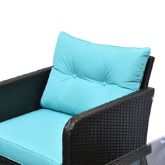 Outsunny 5 Pieces Rattan Wicker Lounge Chair Outdoor Patio Conversation Set with 2 Cushioned Chairs, 2 Ottomans and Tempered Glass Top Coffee Table, Brown/Blue