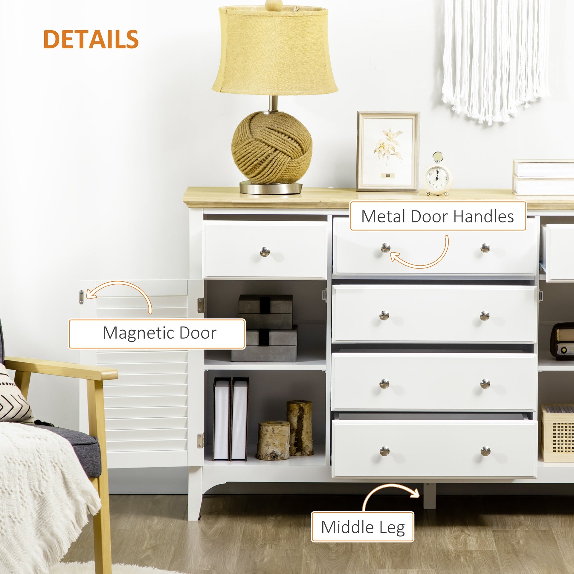 HOMCOM Sideboard Buffet Cabinet with Storage Drawers, Rubber Wood Top and Adjustable Shelves, Coffee Bar Cabinet, White