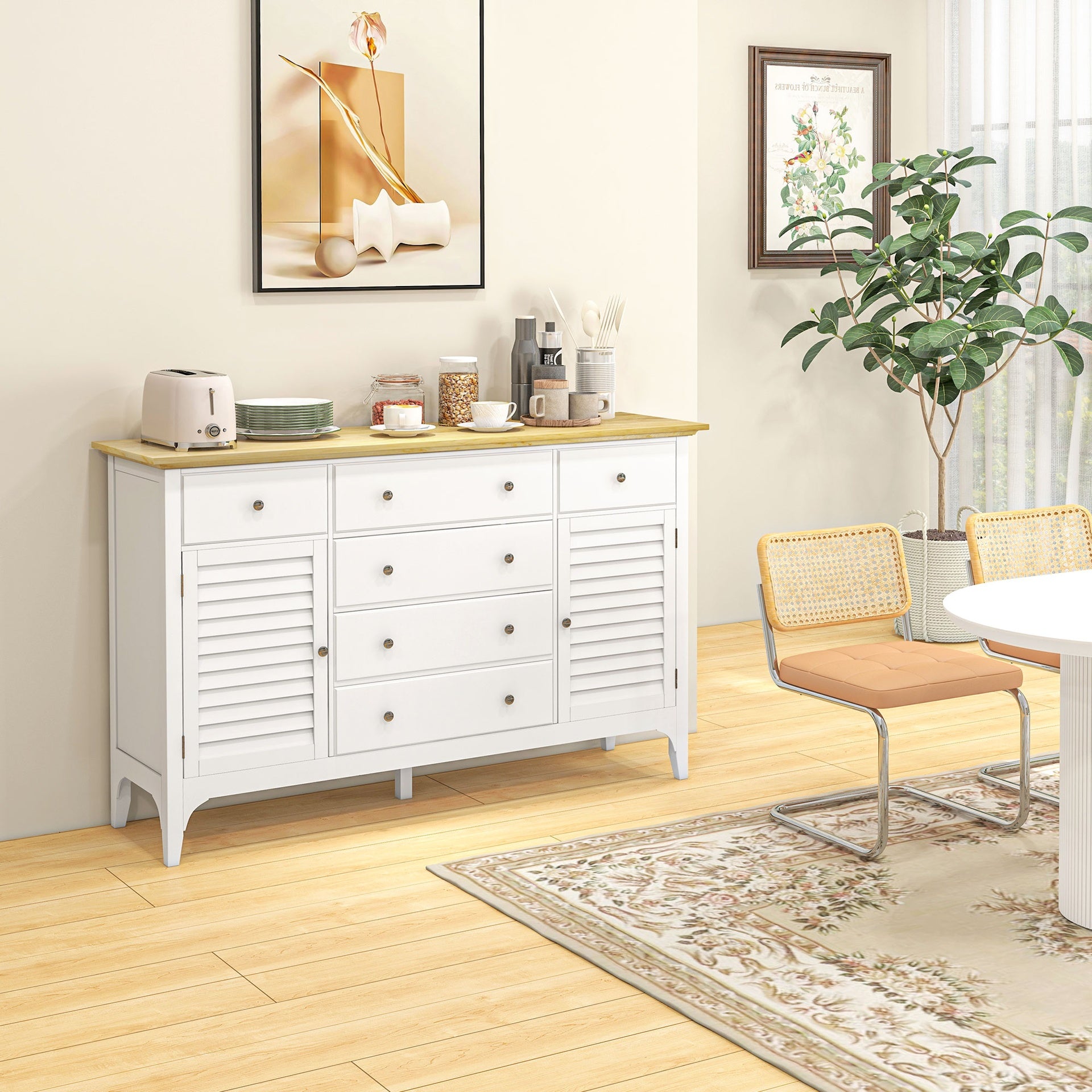 HOMCOM Sideboard Buffet Cabinet with Storage Drawers, Rubber Wood Top and Adjustable Shelves, Coffee Bar Cabinet, White