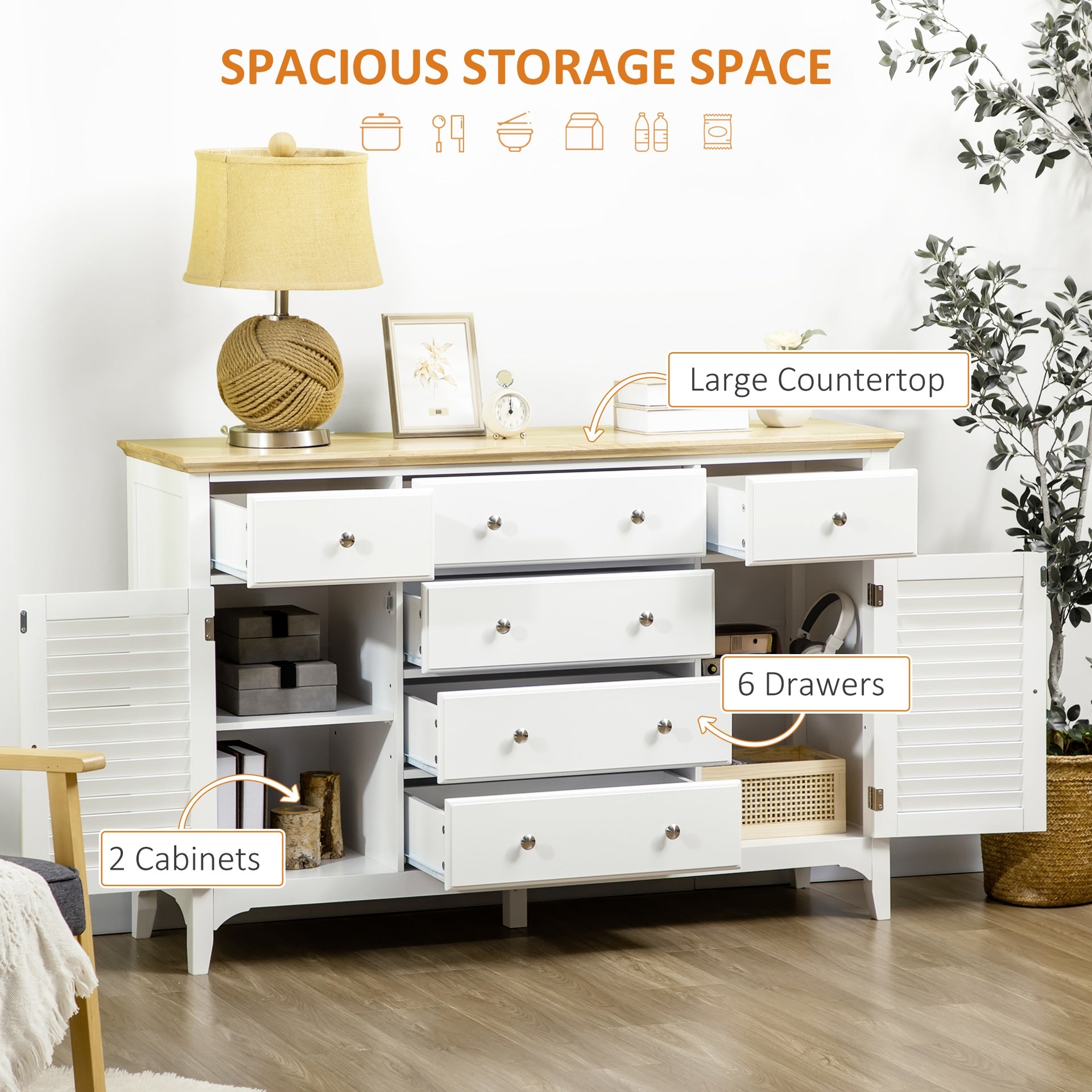 HOMCOM Sideboard Buffet Cabinet with Storage Drawers, Rubber Wood Top and Adjustable Shelves, Coffee Bar Cabinet, White