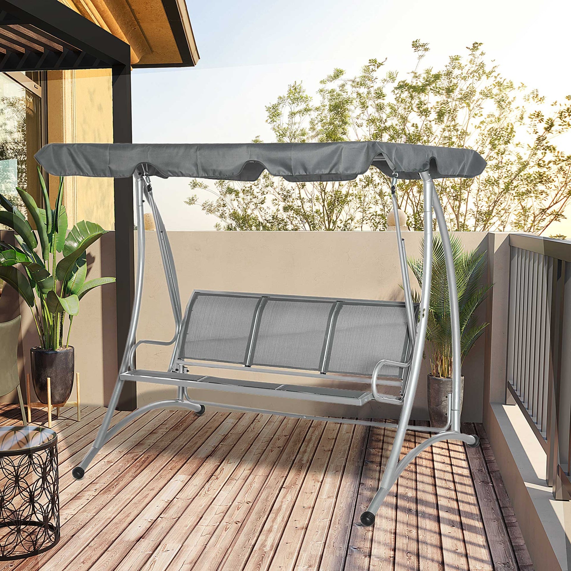 Outsunny 3-Seat Outdoor Porch Swing Chair, Patio Swing Glider with Adjustable Canopy, Breathable Seat, and Steel Frame for Garden, Poolside, Backyard, Gray