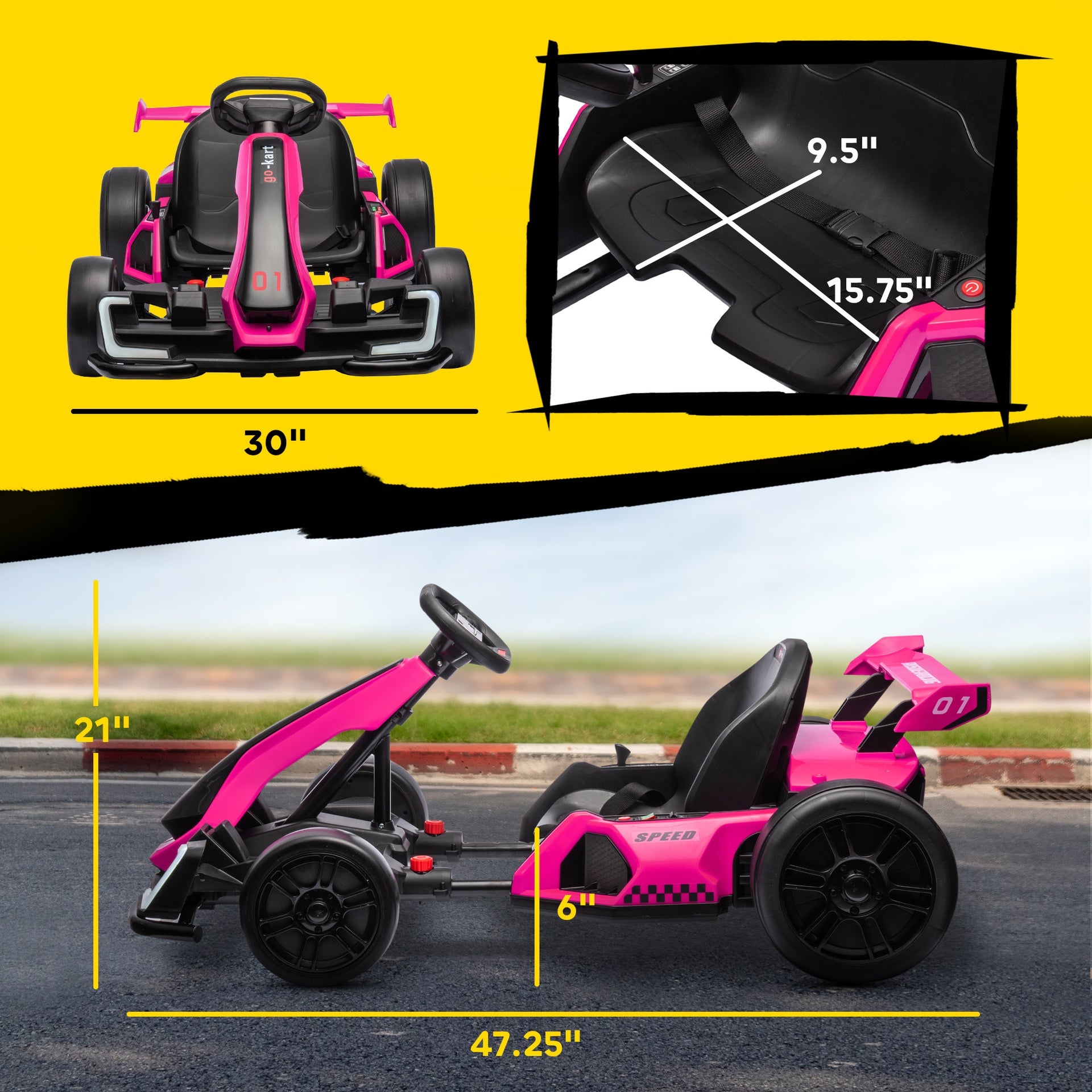 Aosom 24V 7.5 MPH Electric Go Kart with Adjustable Seat, Slow Start, Pink