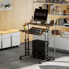 HOMCOM Adjustable Standing Desk with Power Outlets, Stand Up Desk with Tiltable Tabletop, Wheels, Shelf, for Home Office, Brown