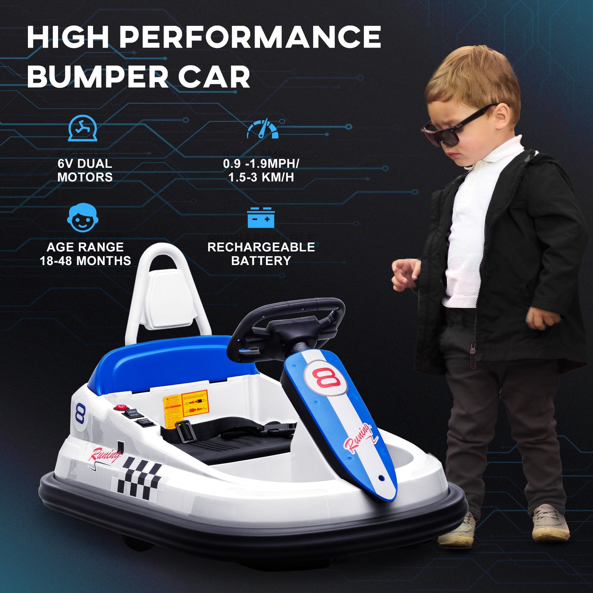 Aosom Bumper Car for Kids, 360° Rotation 6V Electric Ride On Bumper, White