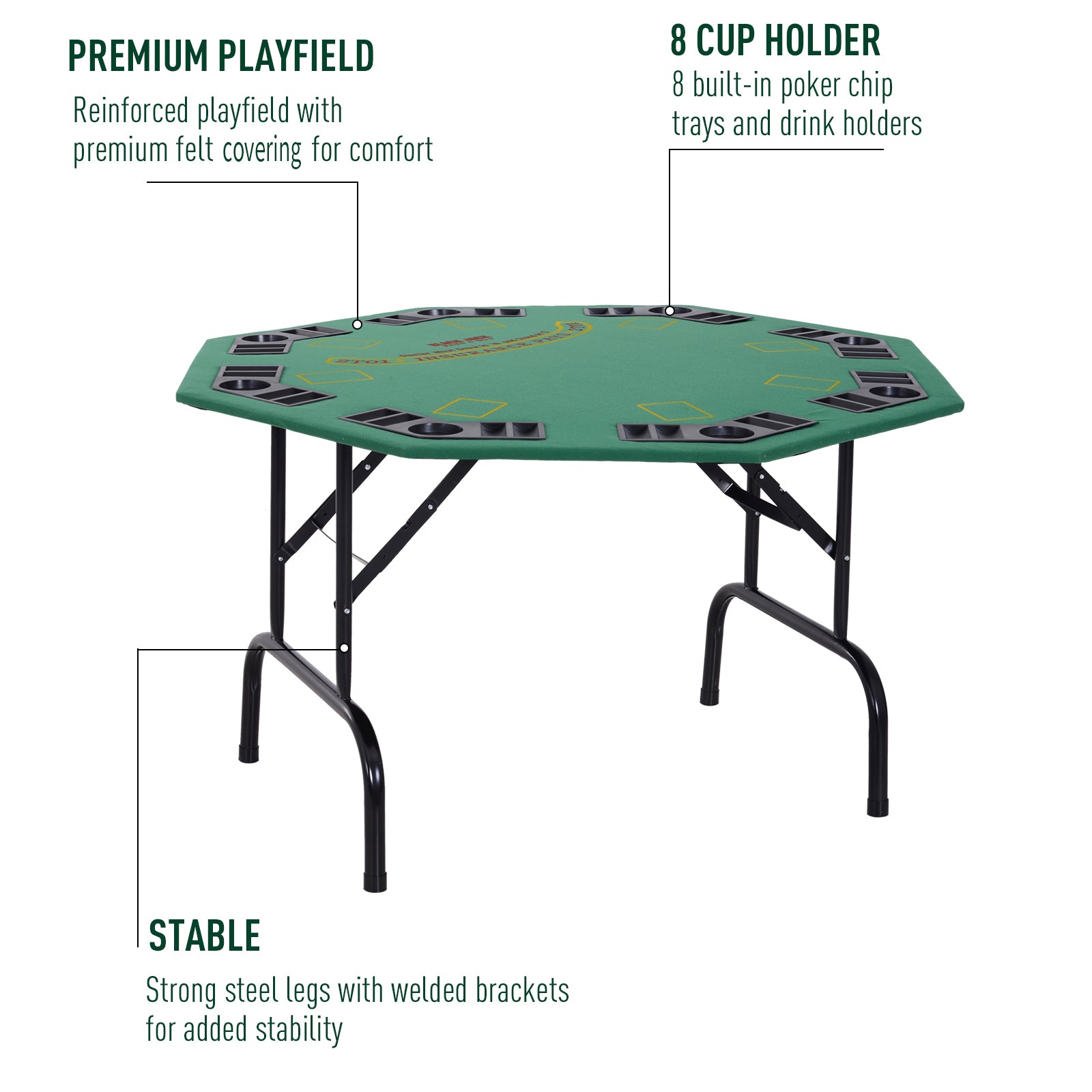 Soozier Poker Table Foldable, 47" Octagon Blackjack Poker Game Table for 8 Players with Cup Holders and Chips Tray, Green Felt