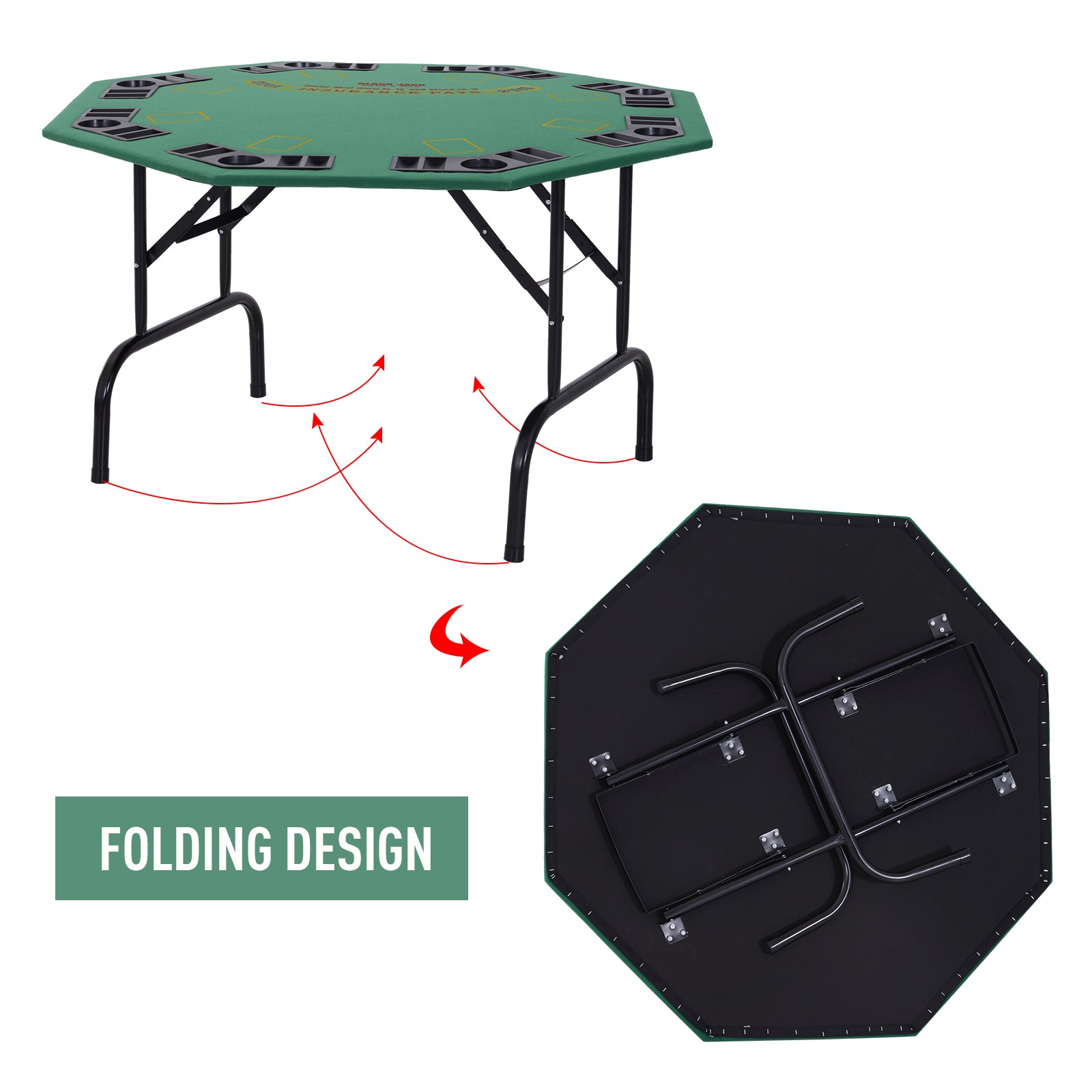 Soozier Poker Table Foldable, 47" Octagon Blackjack Poker Game Table for 8 Players with Cup Holders and Chips Tray, Green Felt