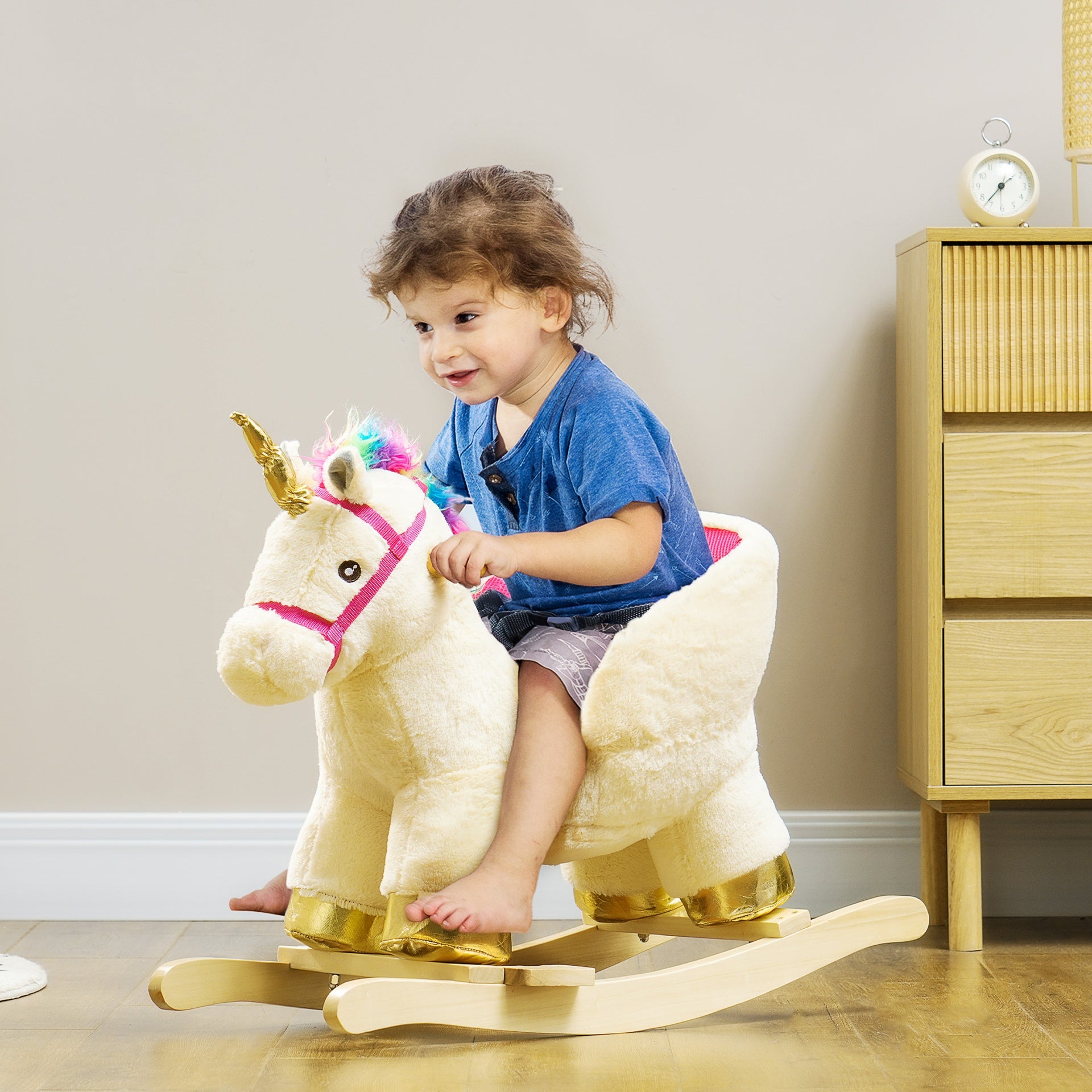 Qaba Kids Rocking Horse, Unicorn with Realistic Sound, Safety Belt & Wooden Base for 18-36 Months