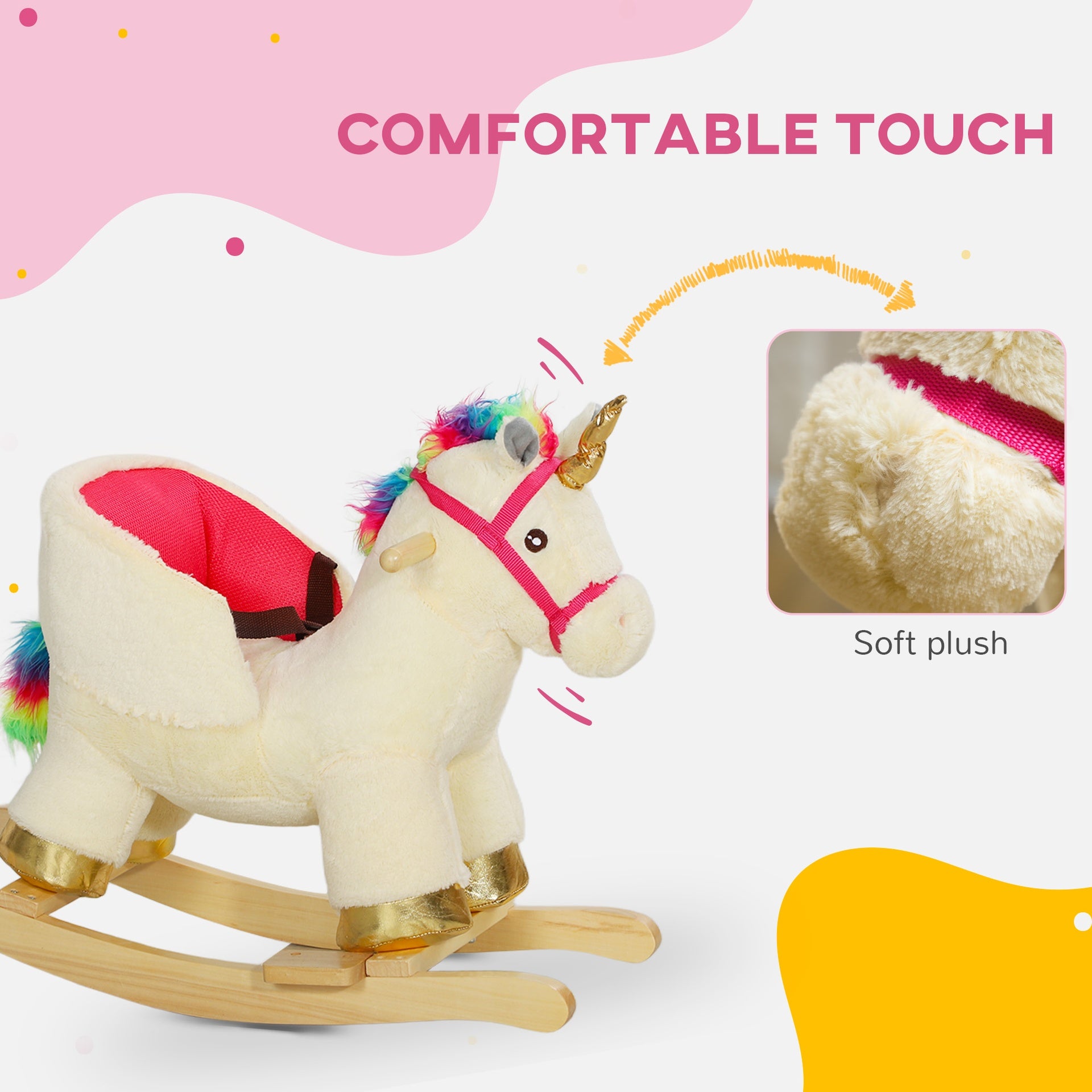 Qaba Kids Rocking Horse, Unicorn with Realistic Sound, Safety Belt & Wooden Base for 18-36 Months