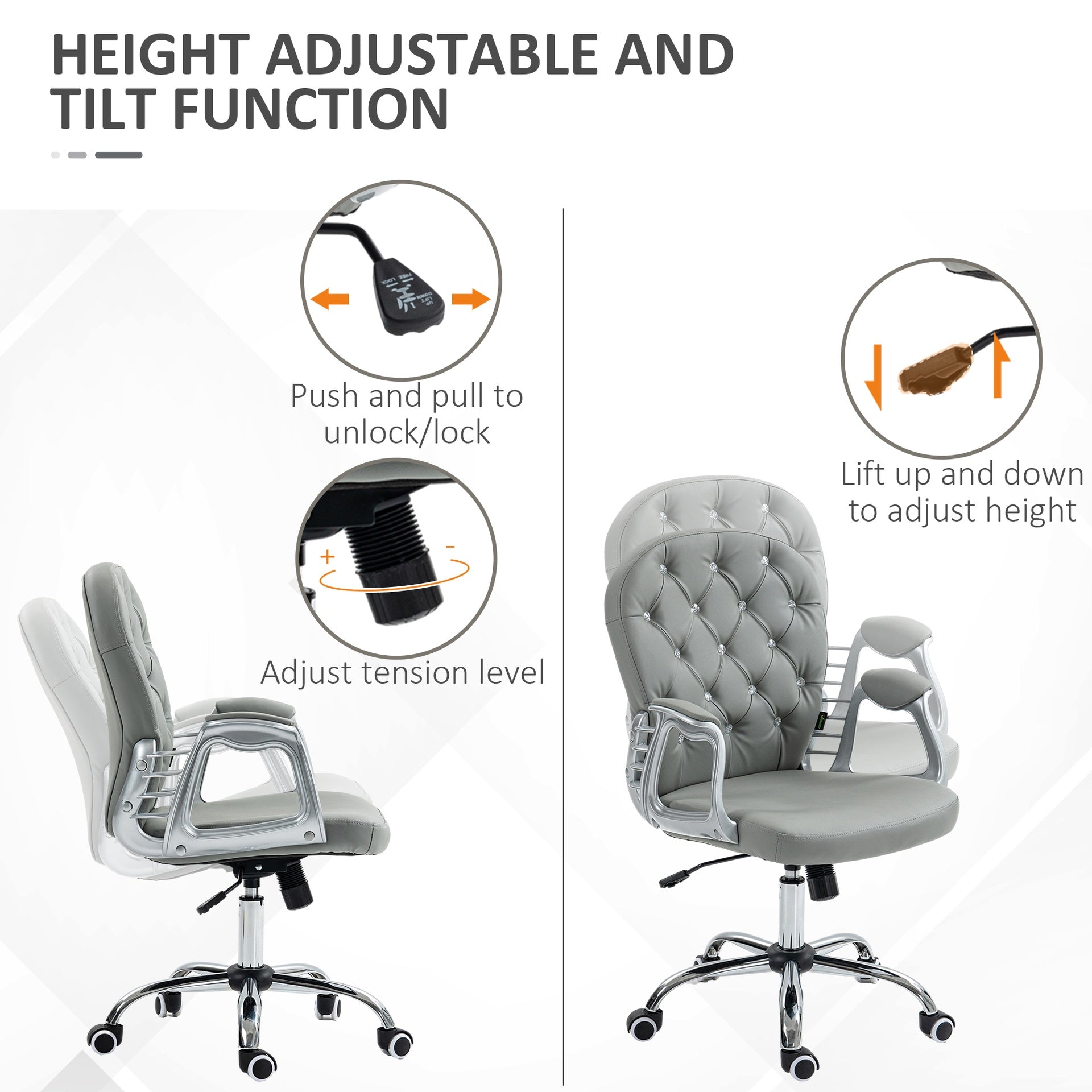 Vinsetto Button Tufted Desk Chair, Home Office Chair with Padded Armrests, Adjustable Height and Swivel Wheels, Gray