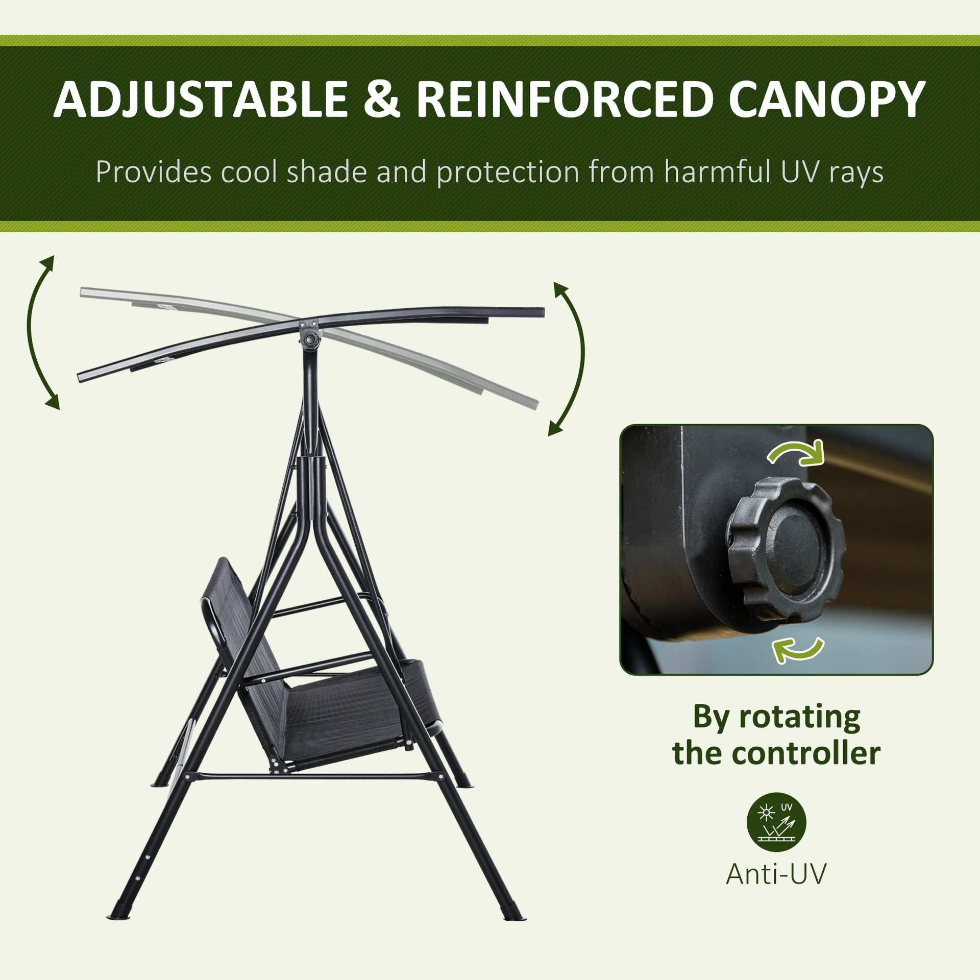 Outsunny 2-Seater Patio Swing Chair, Outdoor Adjustable Canopy Porch Swing with Armrests, Texeline Fabric and Steel Frame, Black