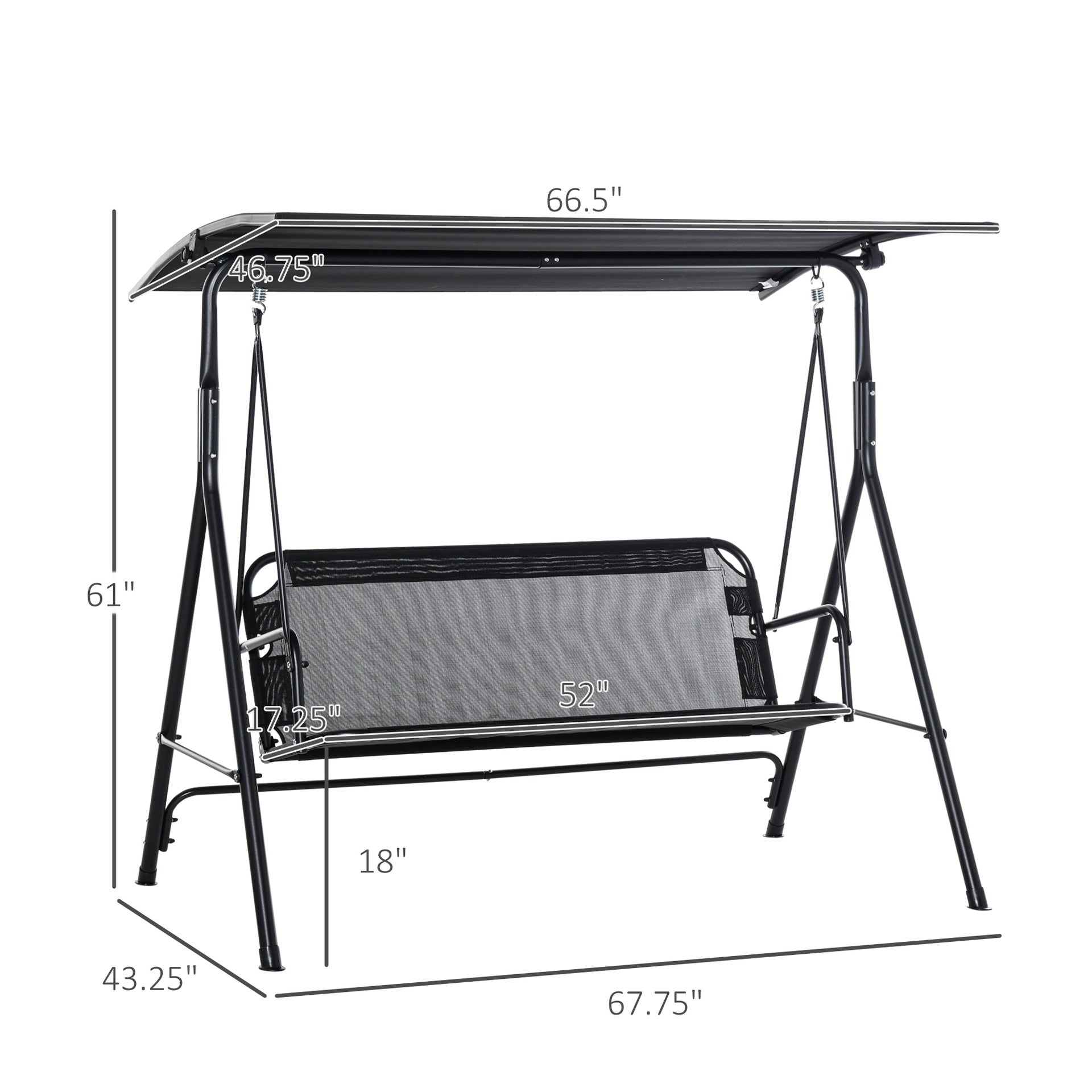 Outsunny 2-Seater Patio Swing Chair, Outdoor Adjustable Canopy Porch Swing with Armrests, Texeline Fabric and Steel Frame, Black