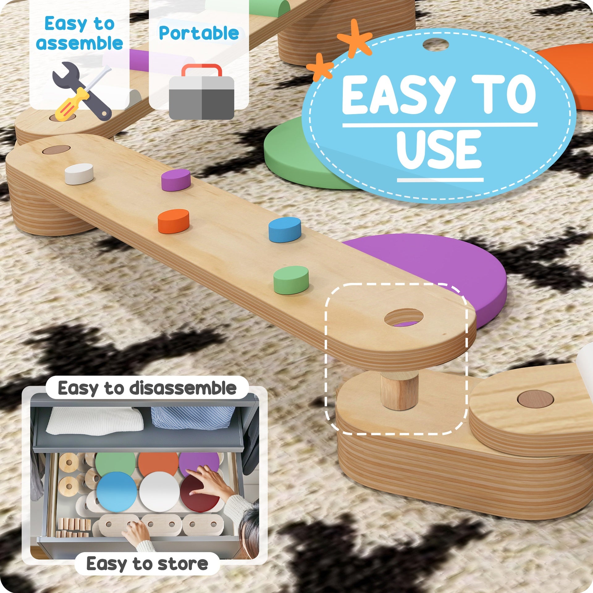 Qaba Kids Balance Beam, Wooden Balance Board with Stepping Stone for 3-8 Years