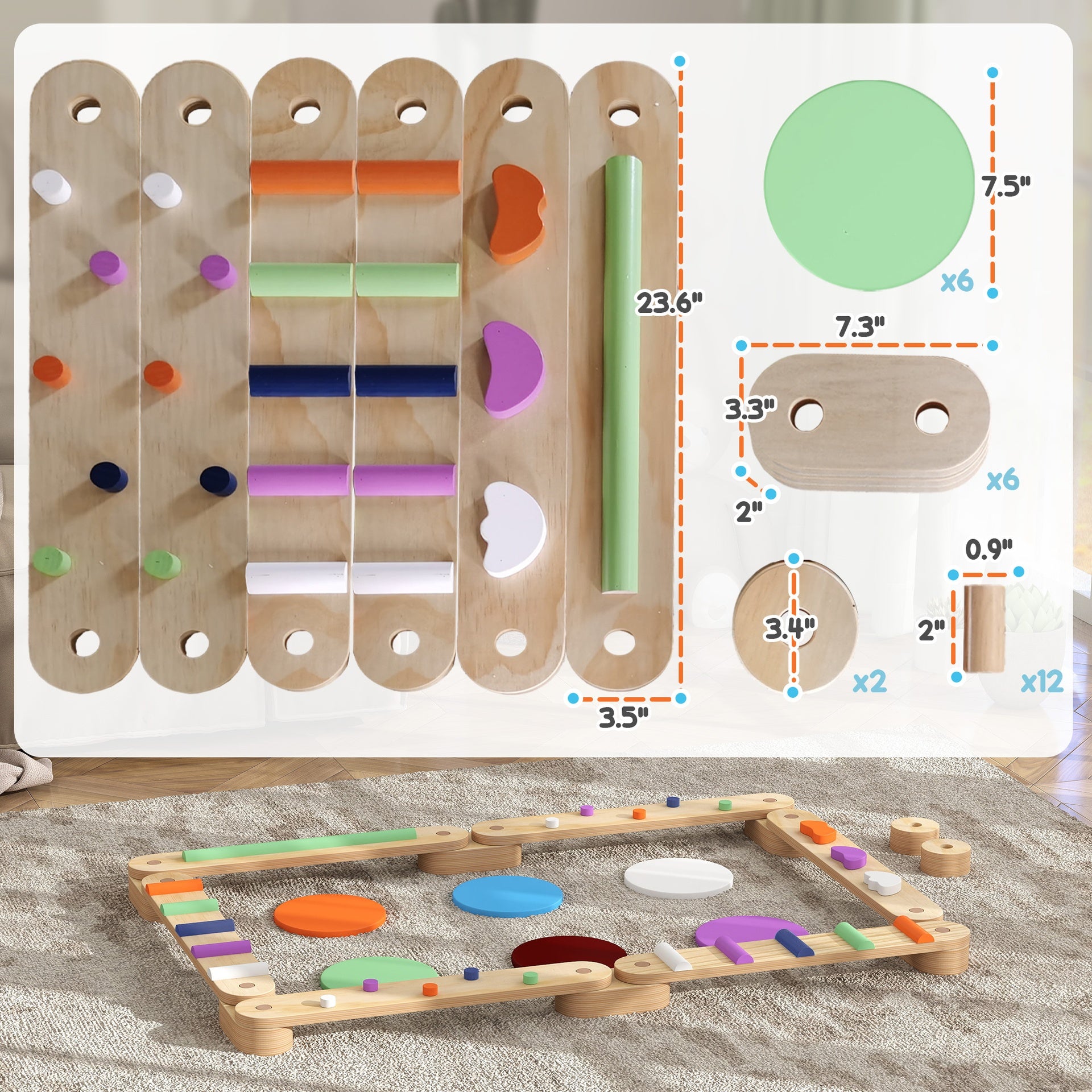 Qaba Kids Balance Beam, Wooden Balance Board with Stepping Stone for 3-8 Years