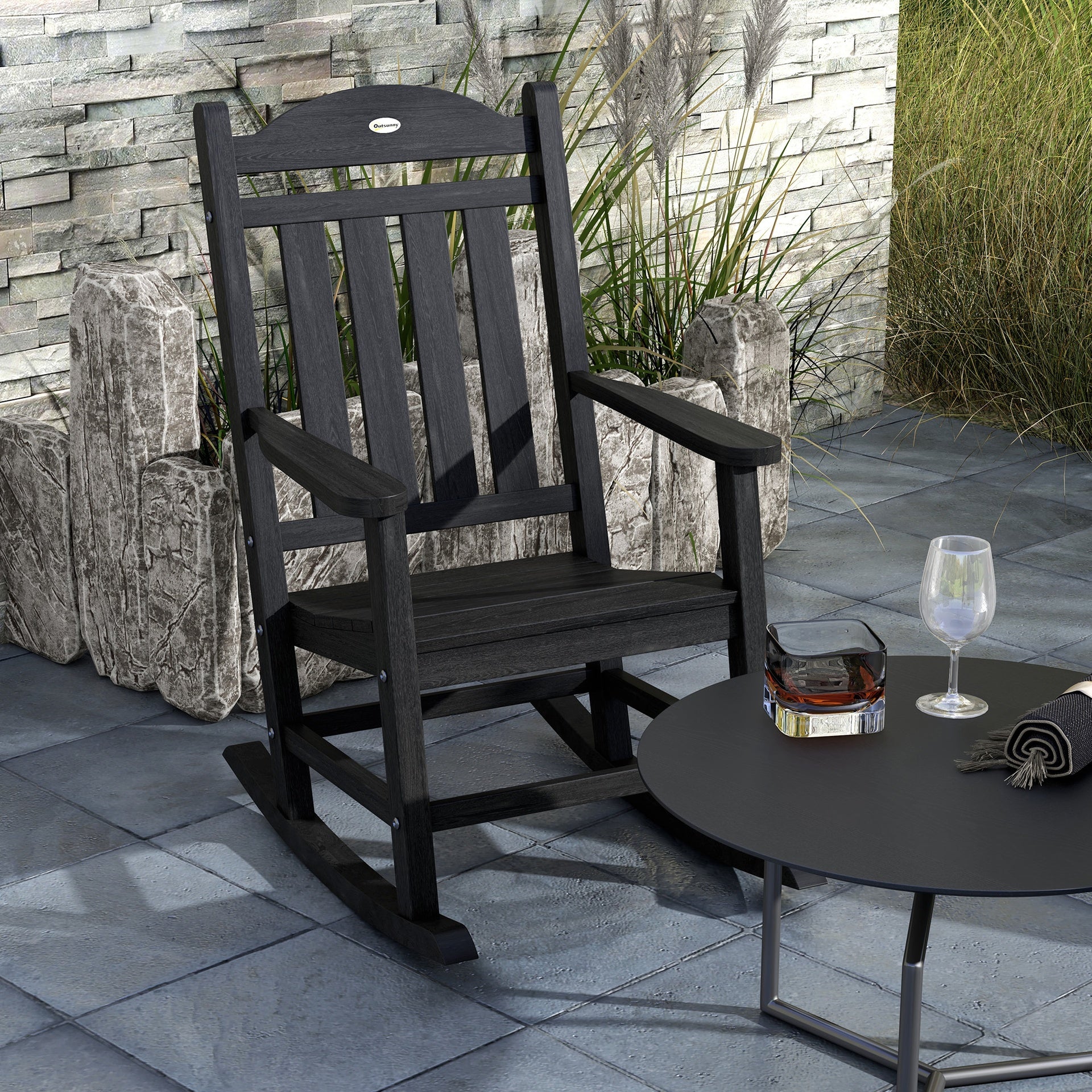 Outsunny 2PCs Outdoor Rocking Chair with Armrests, Fade-Resistant Waterproof HDPE for Indoor & Outdoor, Black