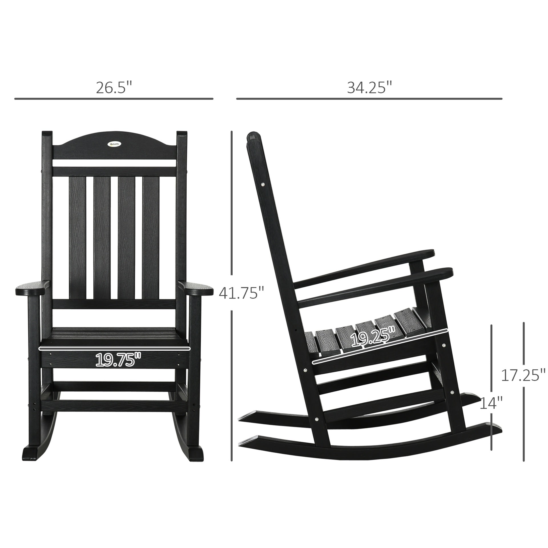 Outsunny 2PCs Outdoor Rocking Chair with Armrests, Fade-Resistant Waterproof HDPE for Indoor & Outdoor, Black
