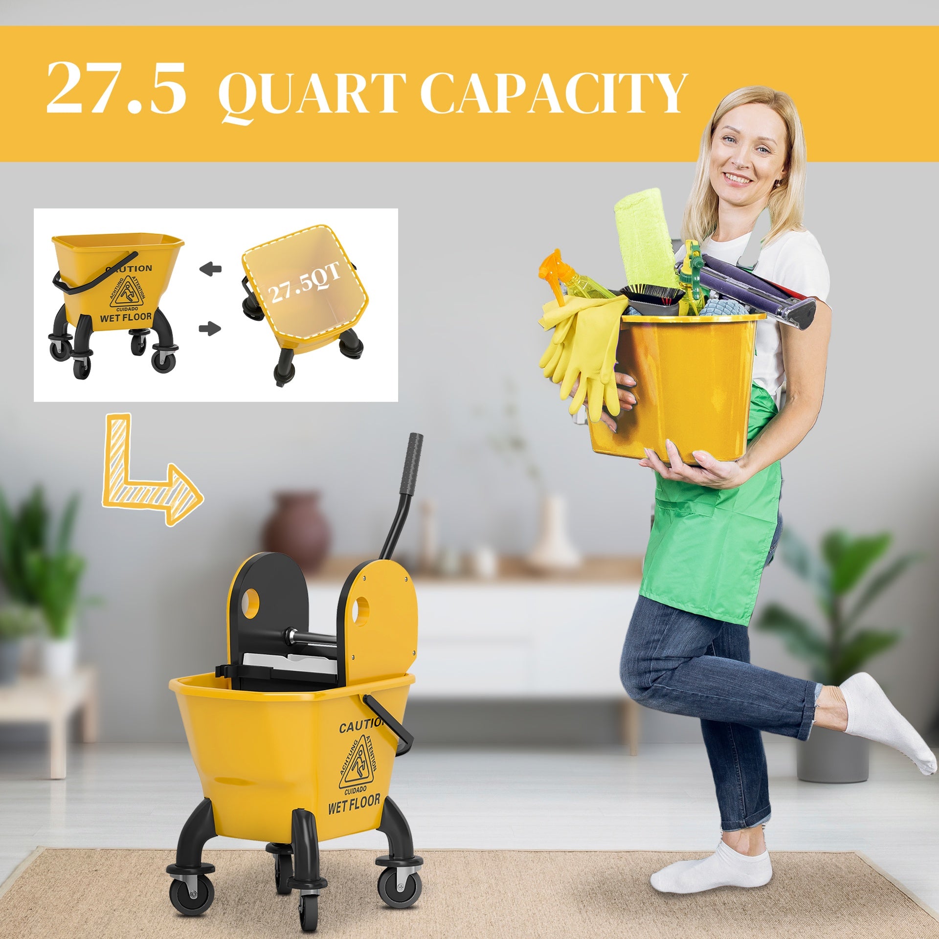 HOMCOM Mop Bucket with Wringer on Wheels for Floor Cleaning, 27.5 Quart Down Press Wringer with Handle and Mop, Yellow