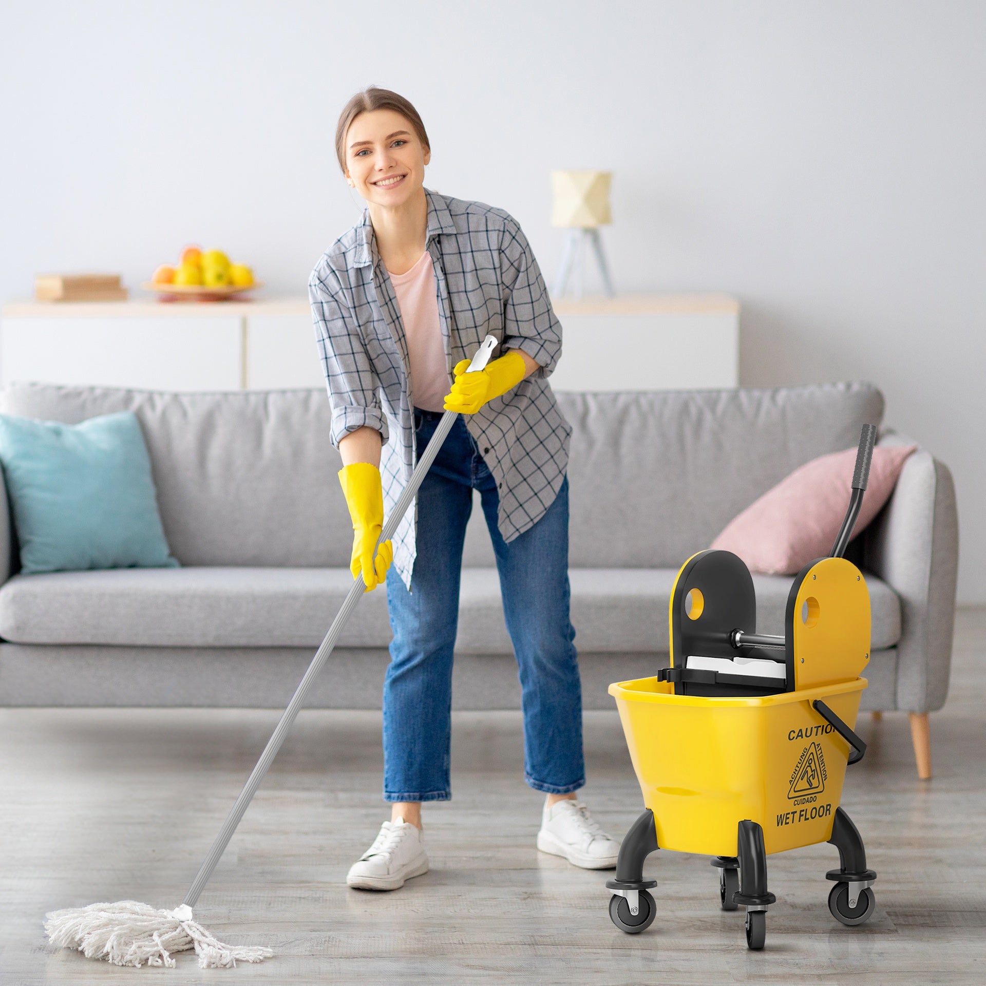 HOMCOM Mop Bucket with Wringer on Wheels for Floor Cleaning, 27.5 Quart Down Press Wringer with Handle and Mop, Yellow