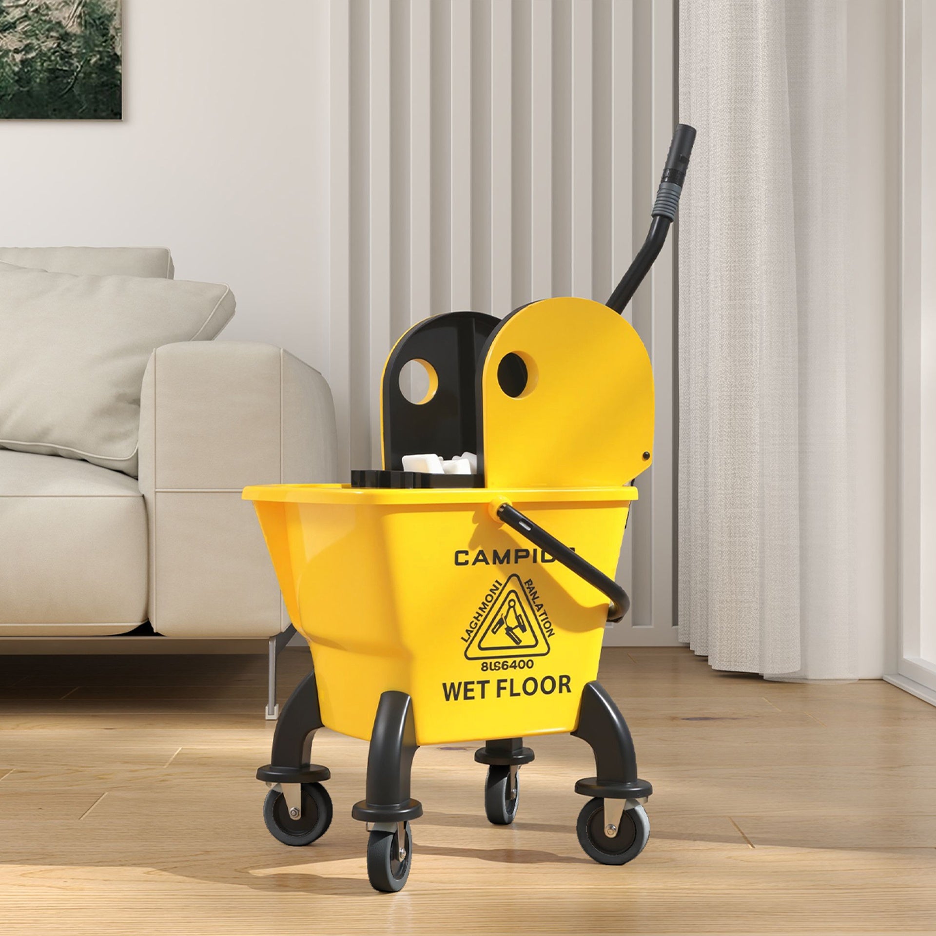 HOMCOM Mop Bucket with Wringer on Wheels for Floor Cleaning, 27.5 Quart Down Press Wringer with Handle and Mop, Yellow