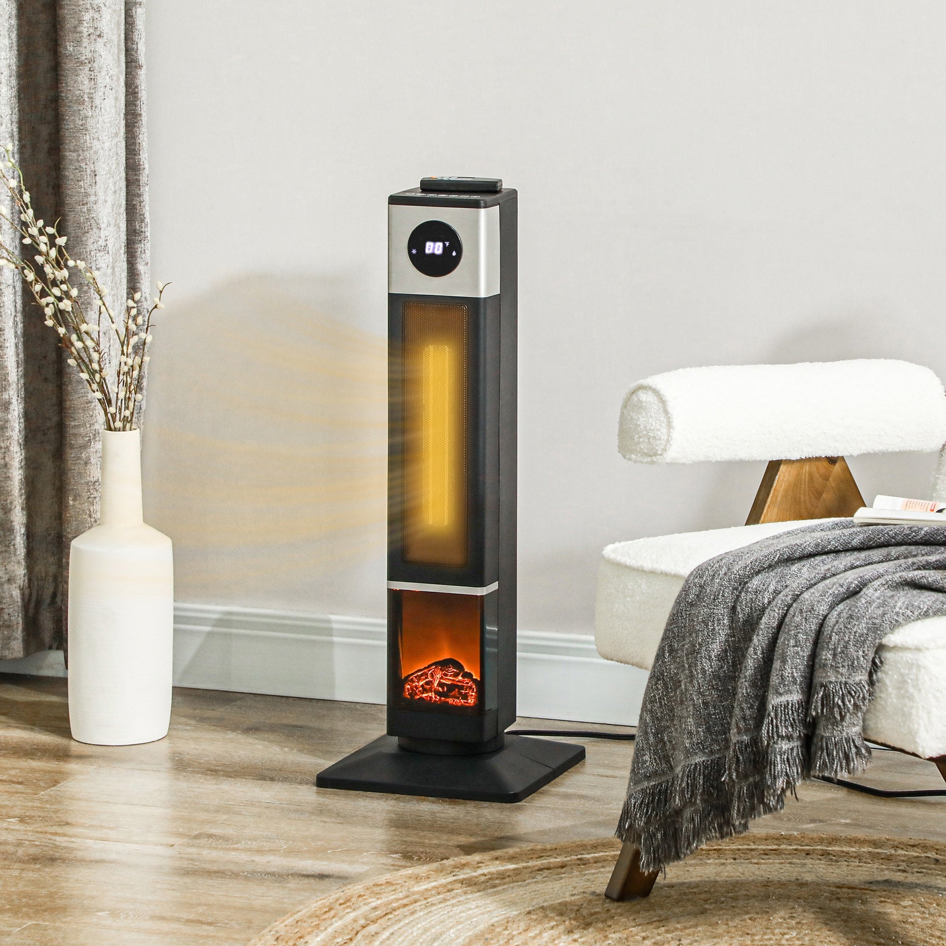 HOMCOM 31" Freestanding Electric Heater with Oscillation, Remote Control & 12H Timer for Indoors, 1400W, Black