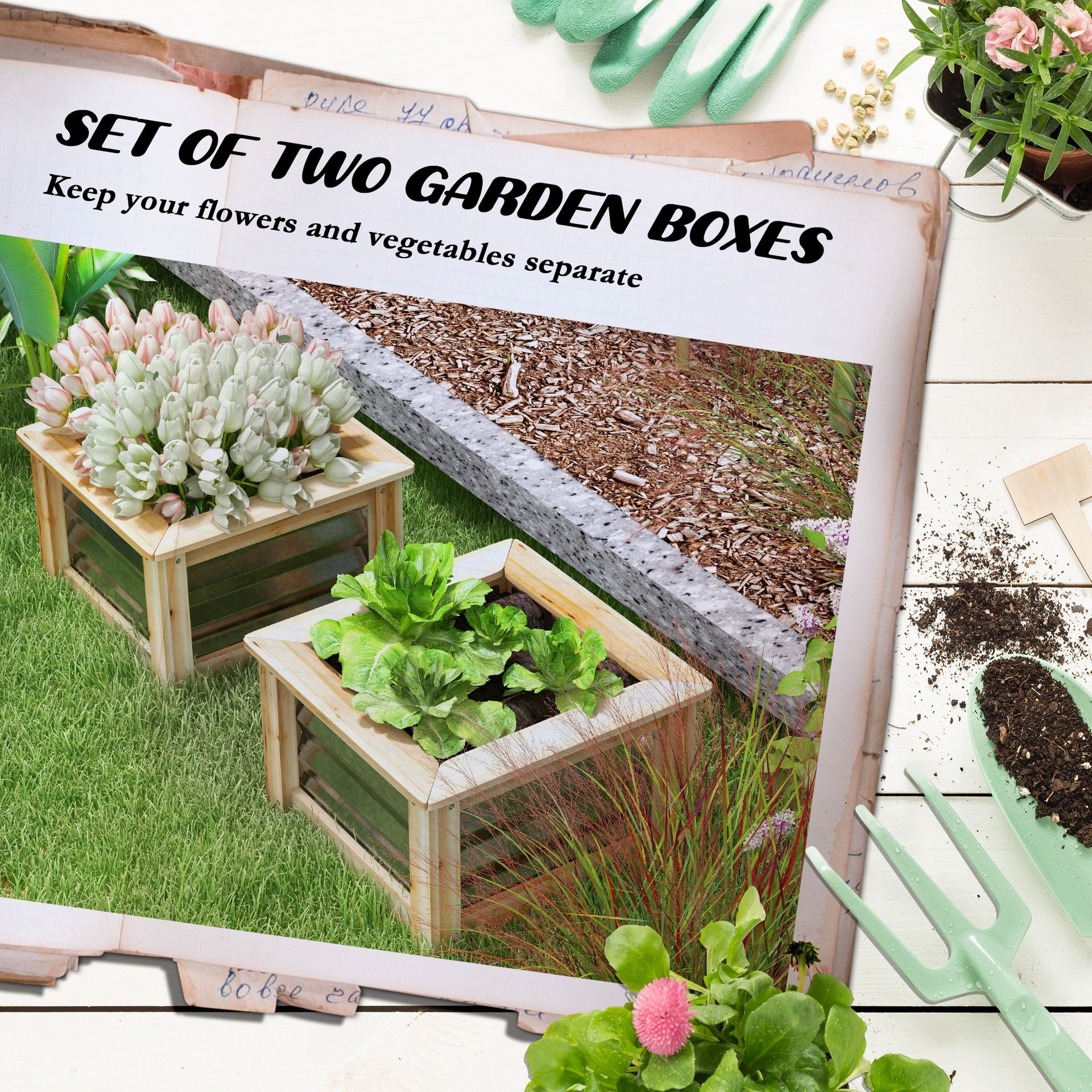 Outsunny Raised Garden Beds Set of 2, Metal and Wood Combined Planter Box, for Growing Flowers, Herbs and Vegetables