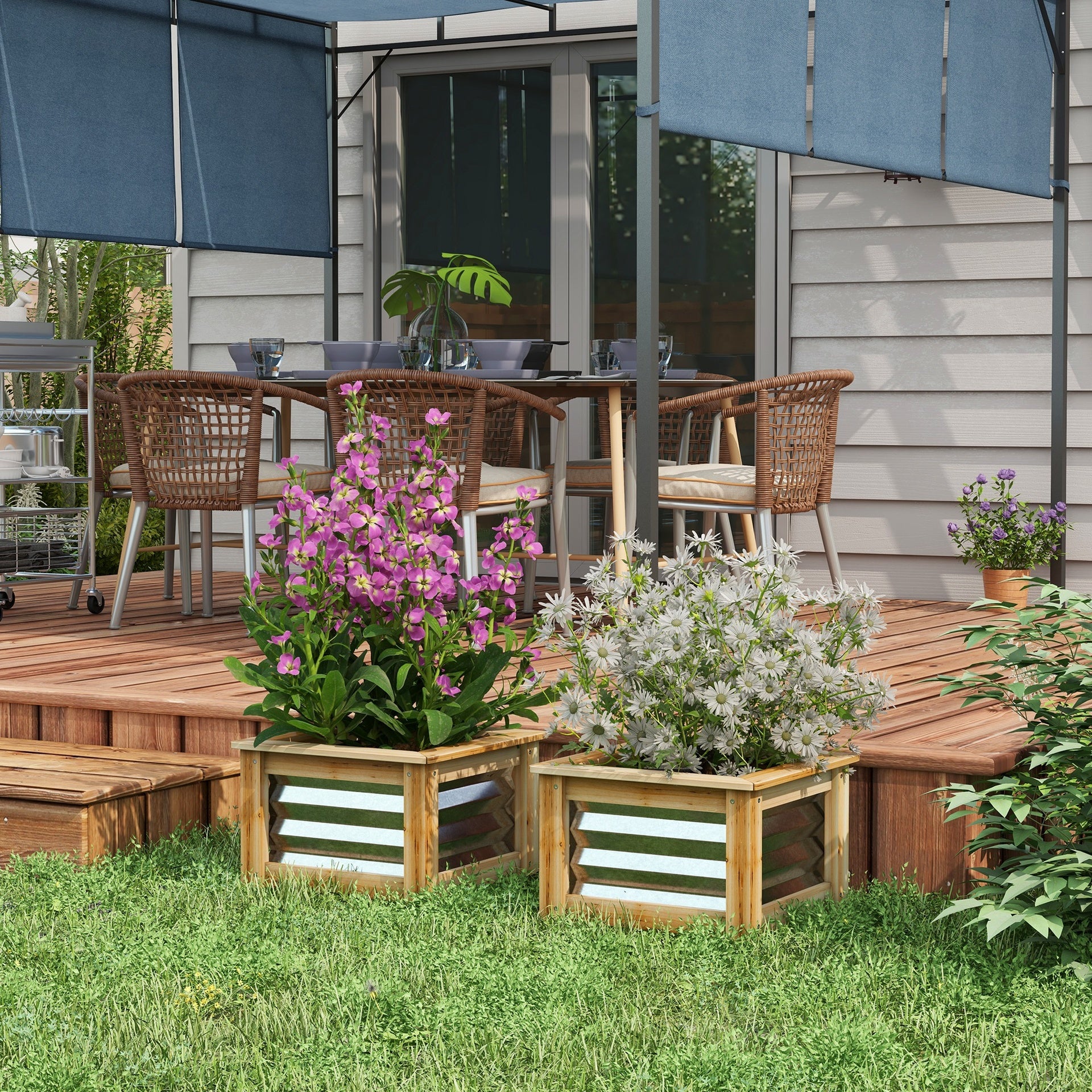 Outsunny Raised Garden Beds Set of 2, Metal and Wood Combined Planter Box, for Growing Flowers, Herbs and Vegetables