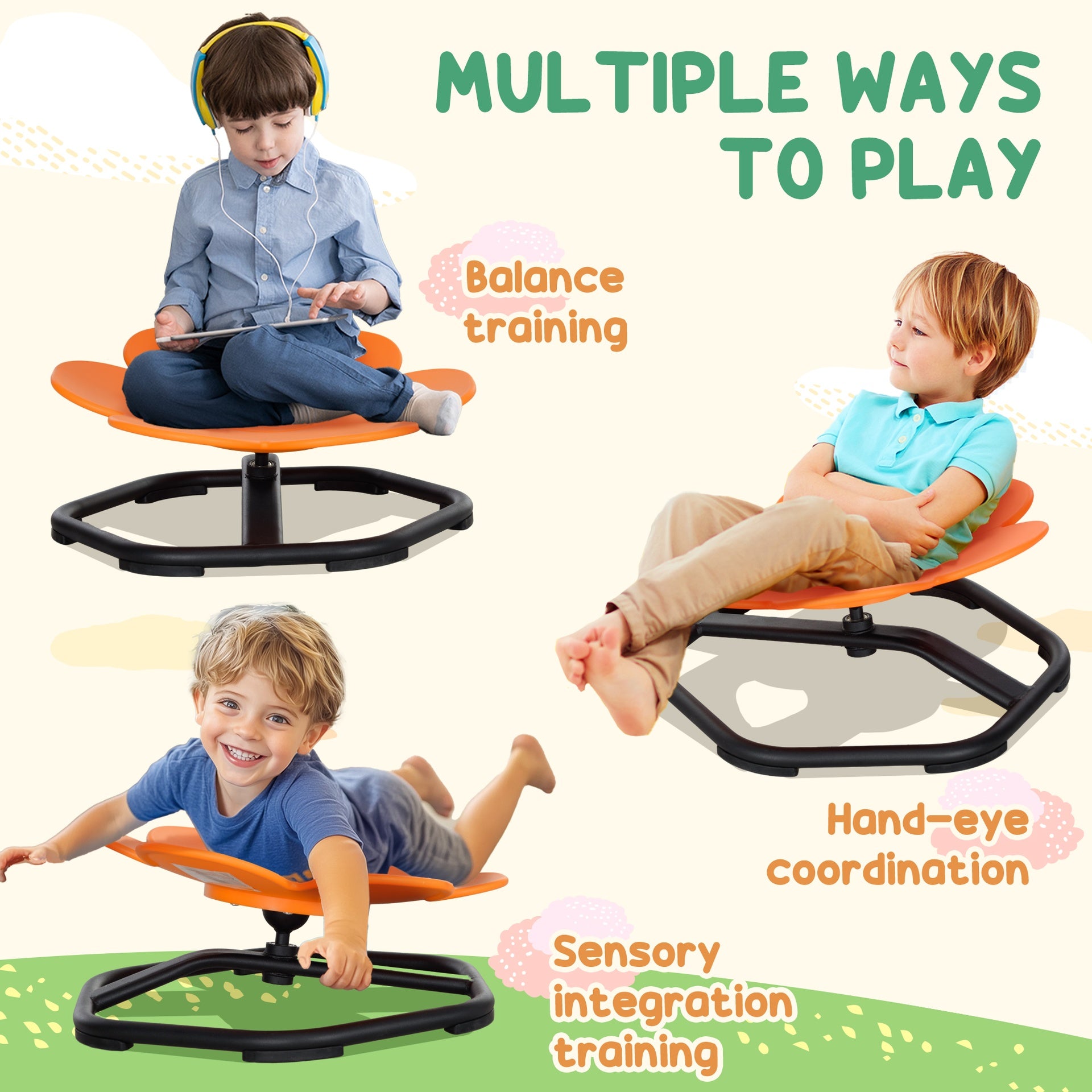 Qaba Sensory Spinning Chair for Autism, Kids, Training Body Balance & Coordination, Orange