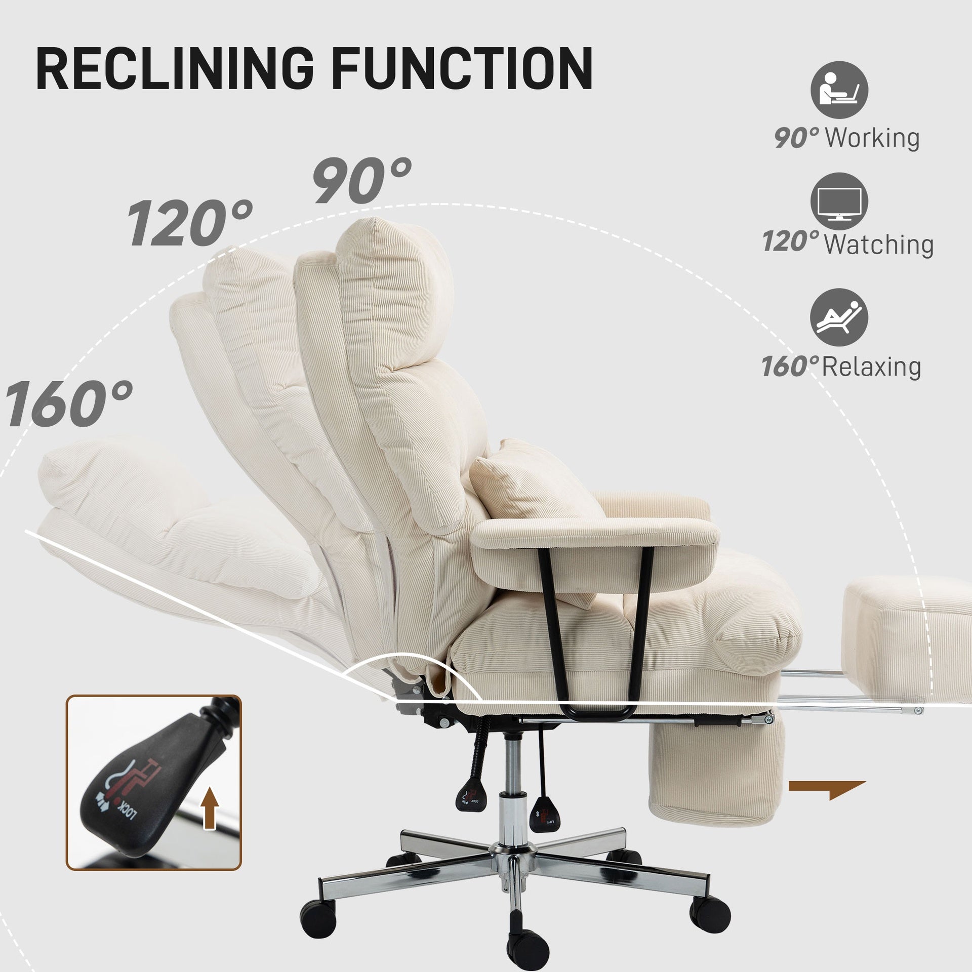 HOMCOM Executive Office Chair with Lumbar Support, Footrest, High Back Reclining Overstuffed Desk Chair with, Cream White