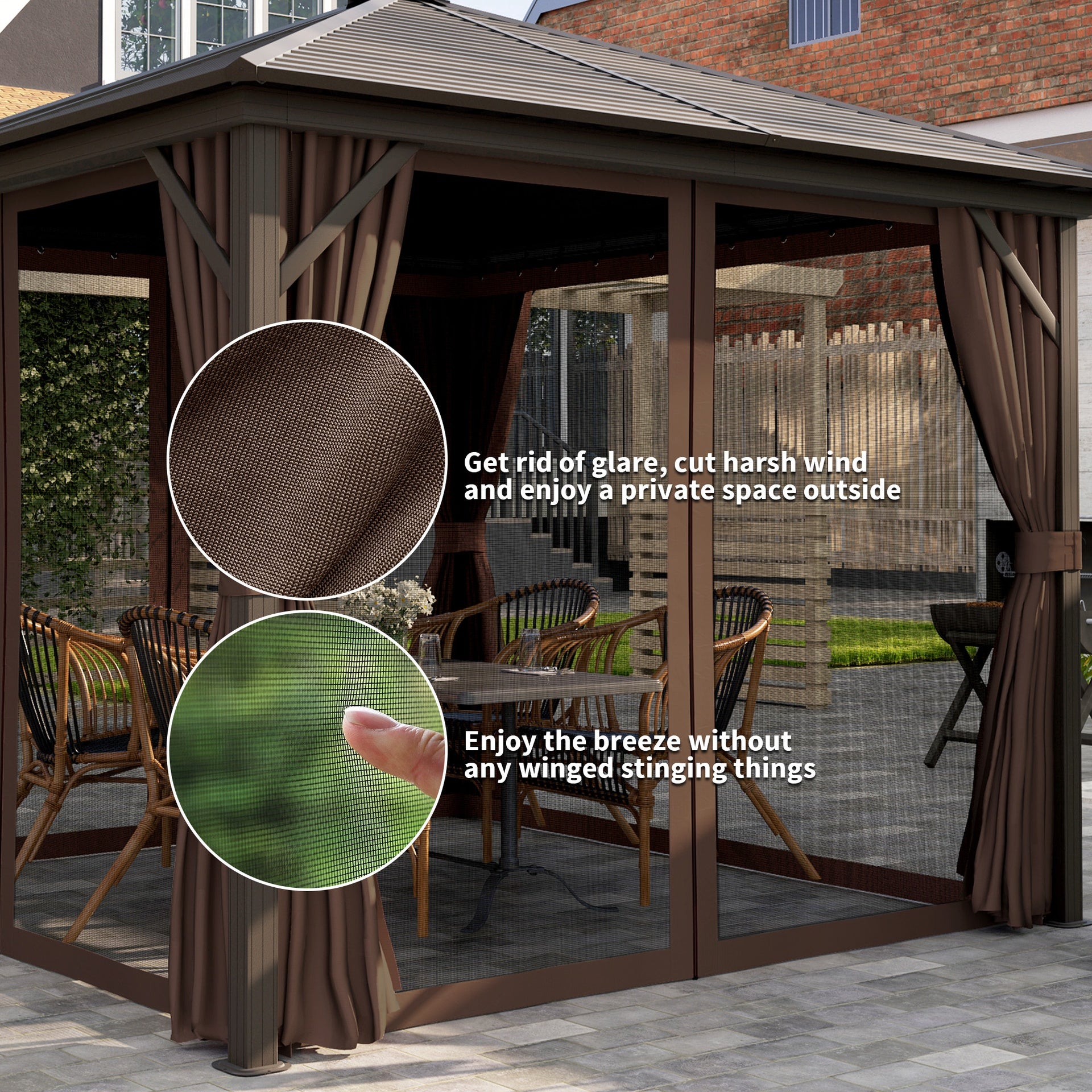 Outsunny 10' x 10' Hardtop Gazebo Canopy, Permanent Pavilion with Hook, Curtains, Aluminum Frame for Patio, Garden, Dark Brown