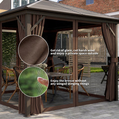 Outsunny 10' x 10' Hardtop Gazebo Canopy, Permanent Pavilion with Hook, Curtains, Aluminum Frame for Patio, Garden, Dark Brown