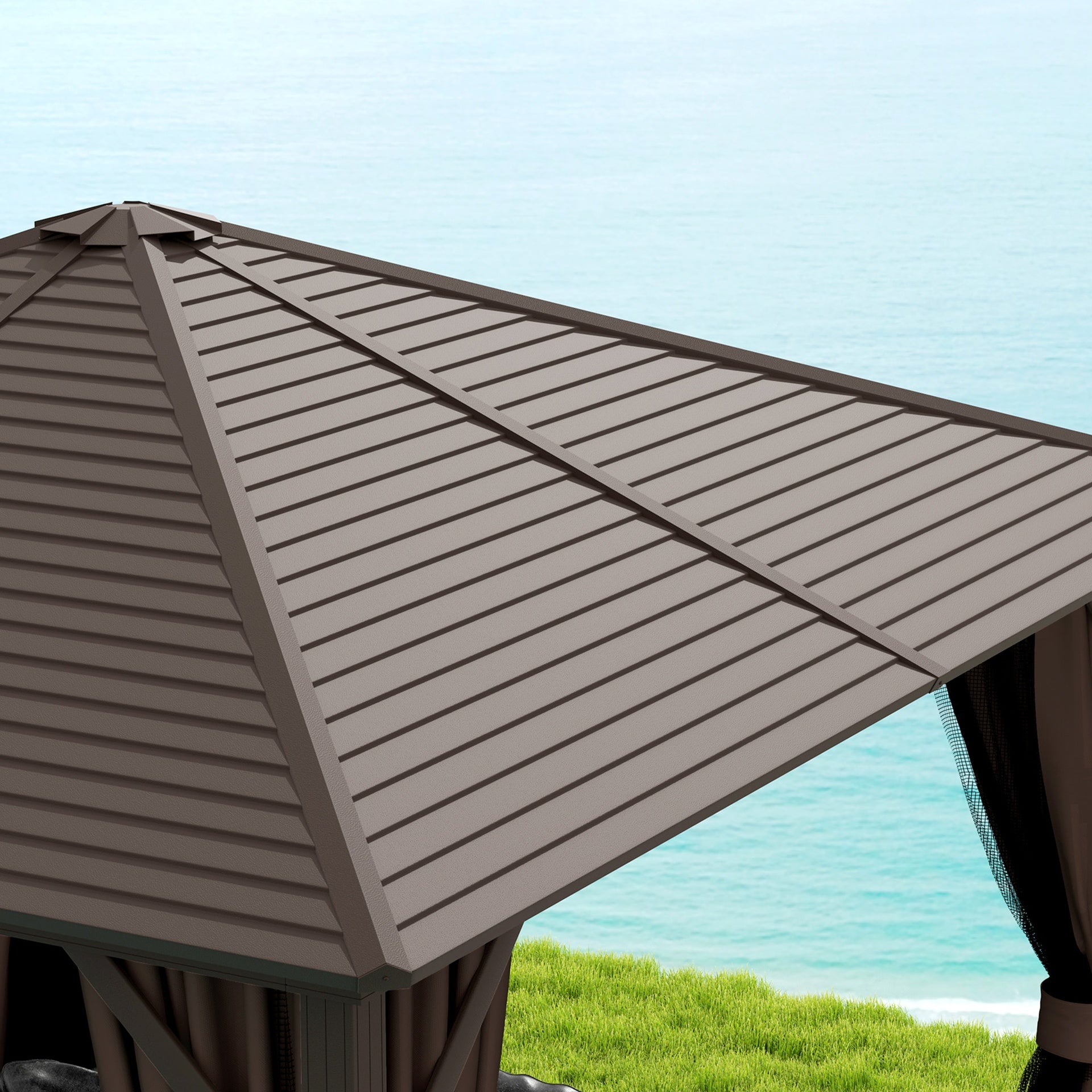 Outsunny 10' x 10' Hardtop Gazebo Canopy, Permanent Pavilion with Hook, Curtains, Aluminum Frame for Patio, Garden, Dark Brown