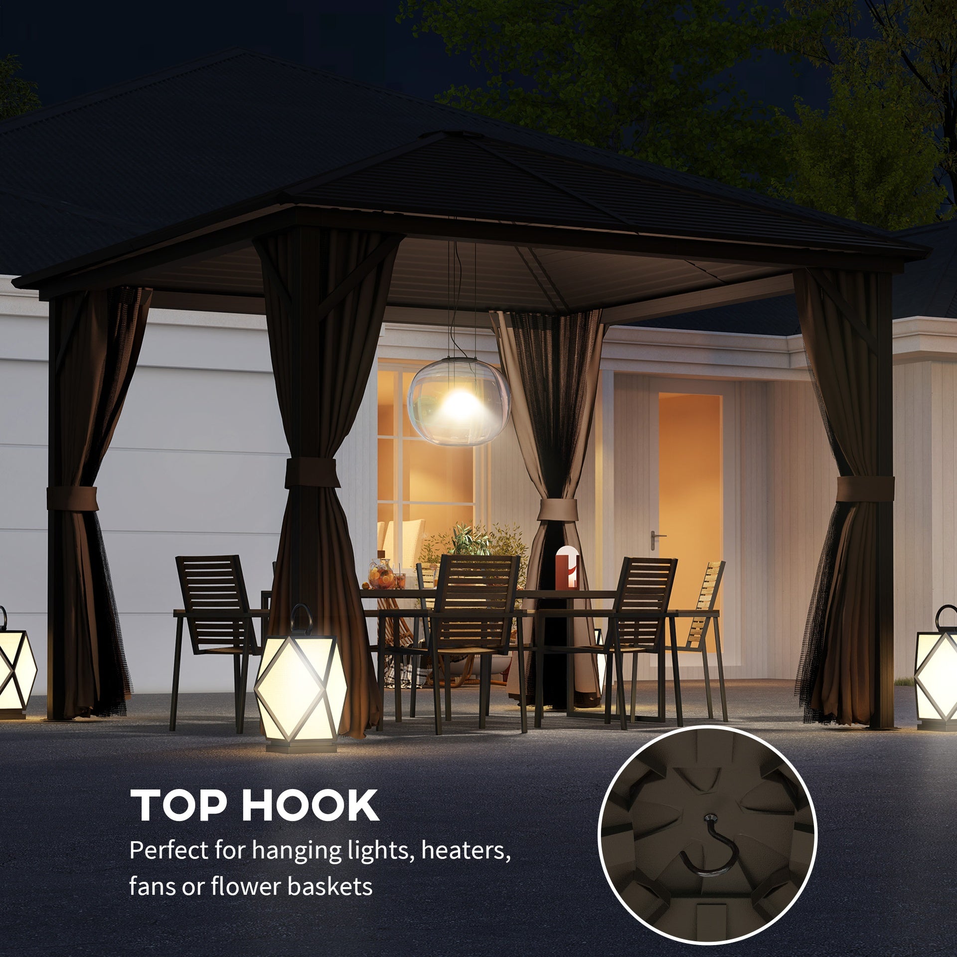 Outsunny 10' x 10' Hardtop Gazebo Canopy, Permanent Pavilion with Hook, Curtains, Aluminum Frame for Patio, Garden, Dark Brown