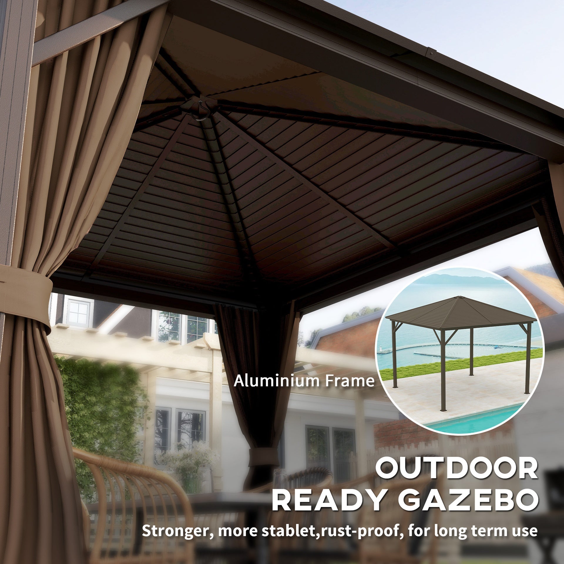 Outsunny 10' x 10' Hardtop Gazebo Canopy, Permanent Pavilion with Hook, Curtains, Aluminum Frame for Patio, Garden, Dark Brown