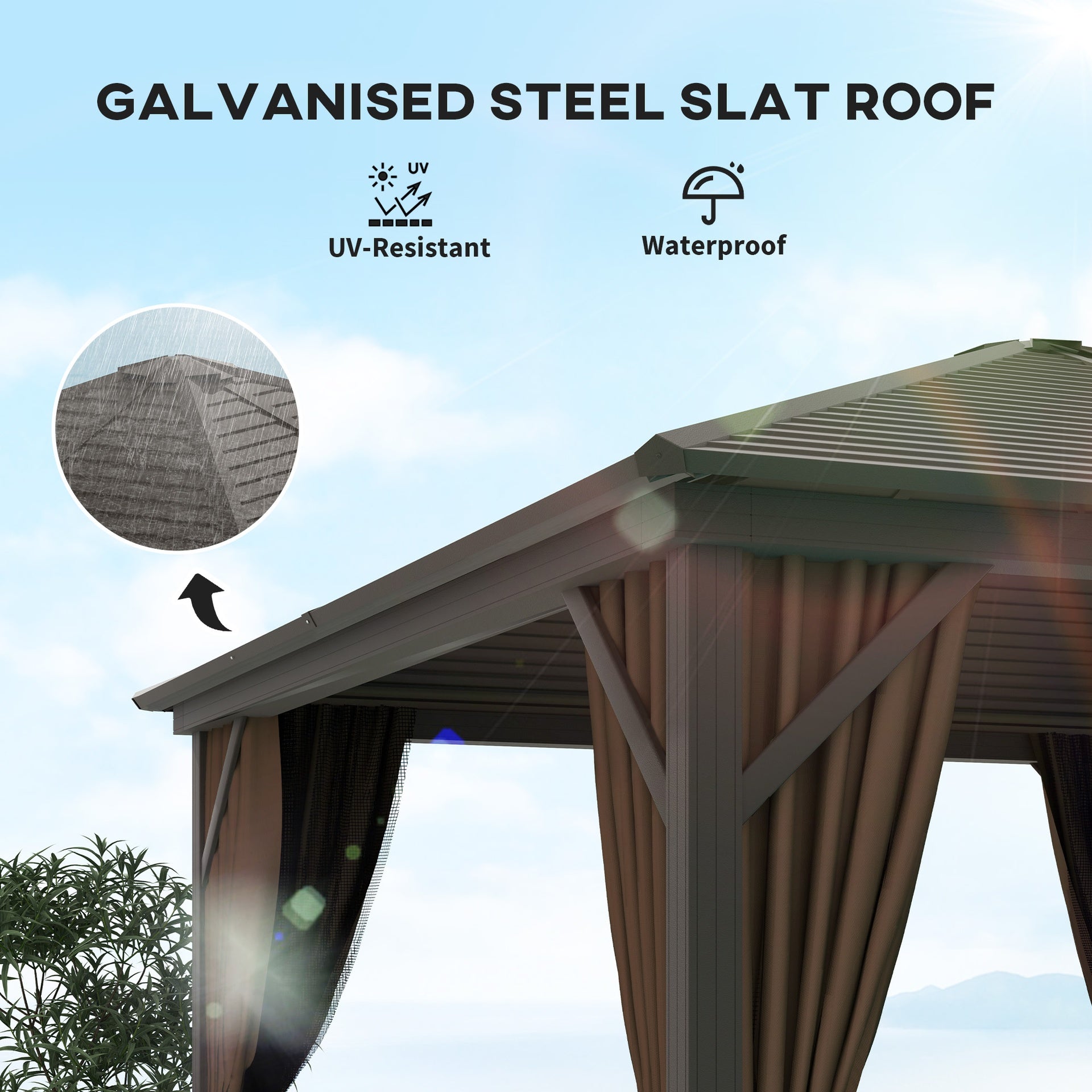 Outsunny 10' x 10' Hardtop Gazebo Canopy, Permanent Pavilion with Hook, Curtains, Aluminum Frame for Patio, Garden, Dark Brown