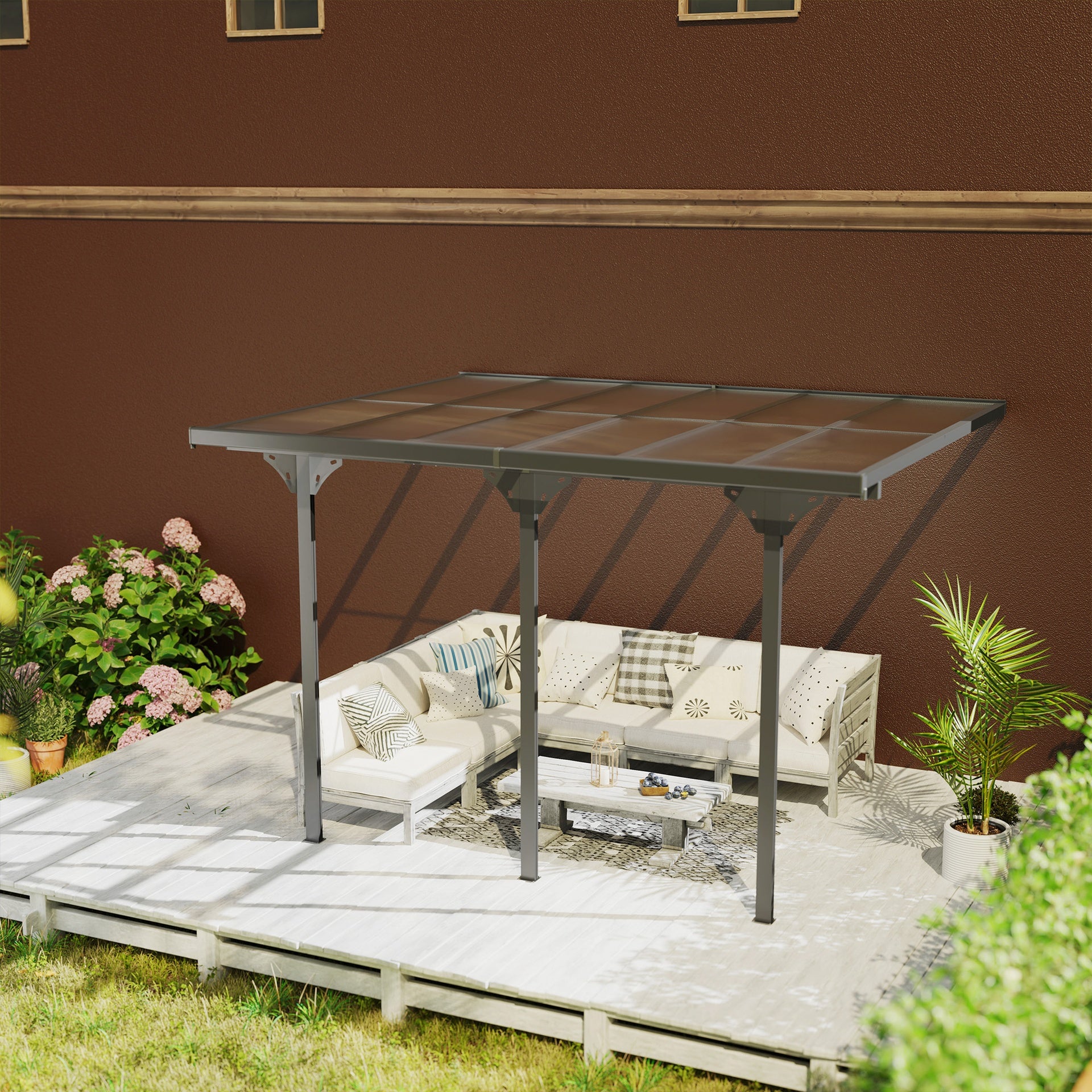 Outsunny 12' x 10' Outdoor Polycarbonate Pergola, Transparent UV Blocking Awning, Hardtop Deck Gazebo, Aluminum, Gray