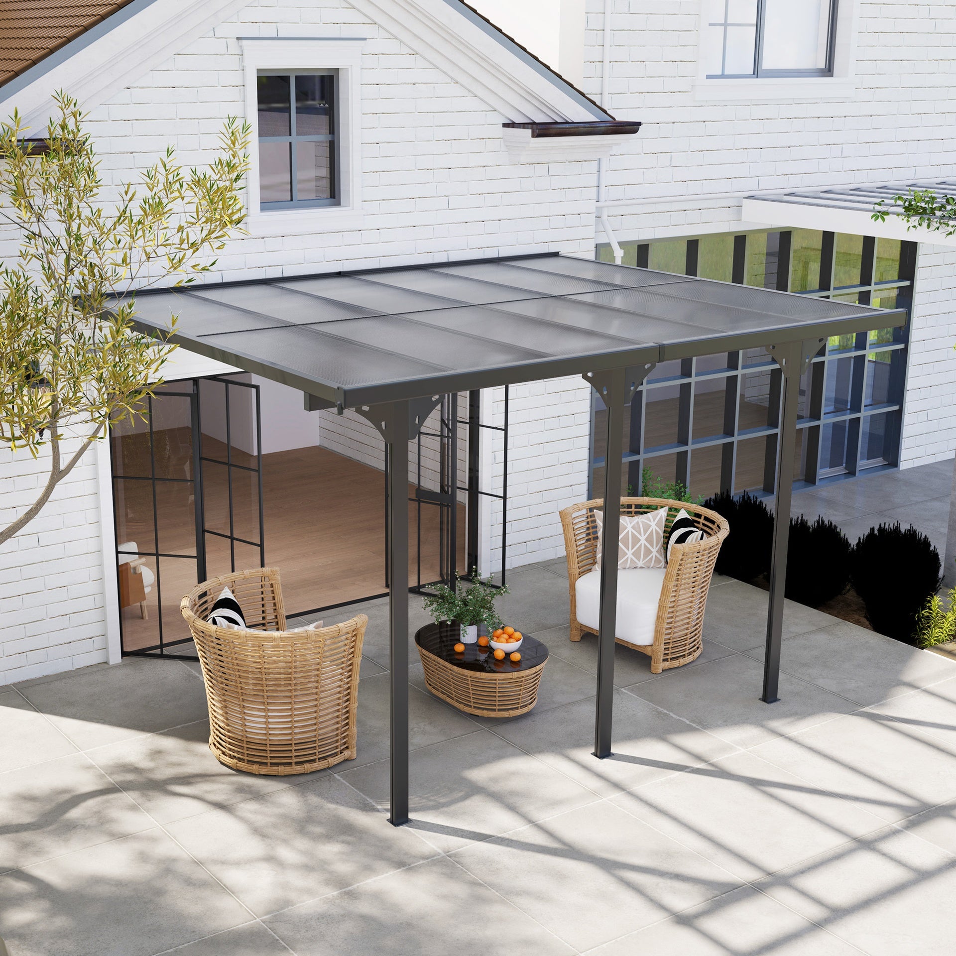 Outsunny 12' x 10' Outdoor Polycarbonate Pergola, Transparent UV Blocking Awning, Hardtop Deck Gazebo, Aluminum, Gray