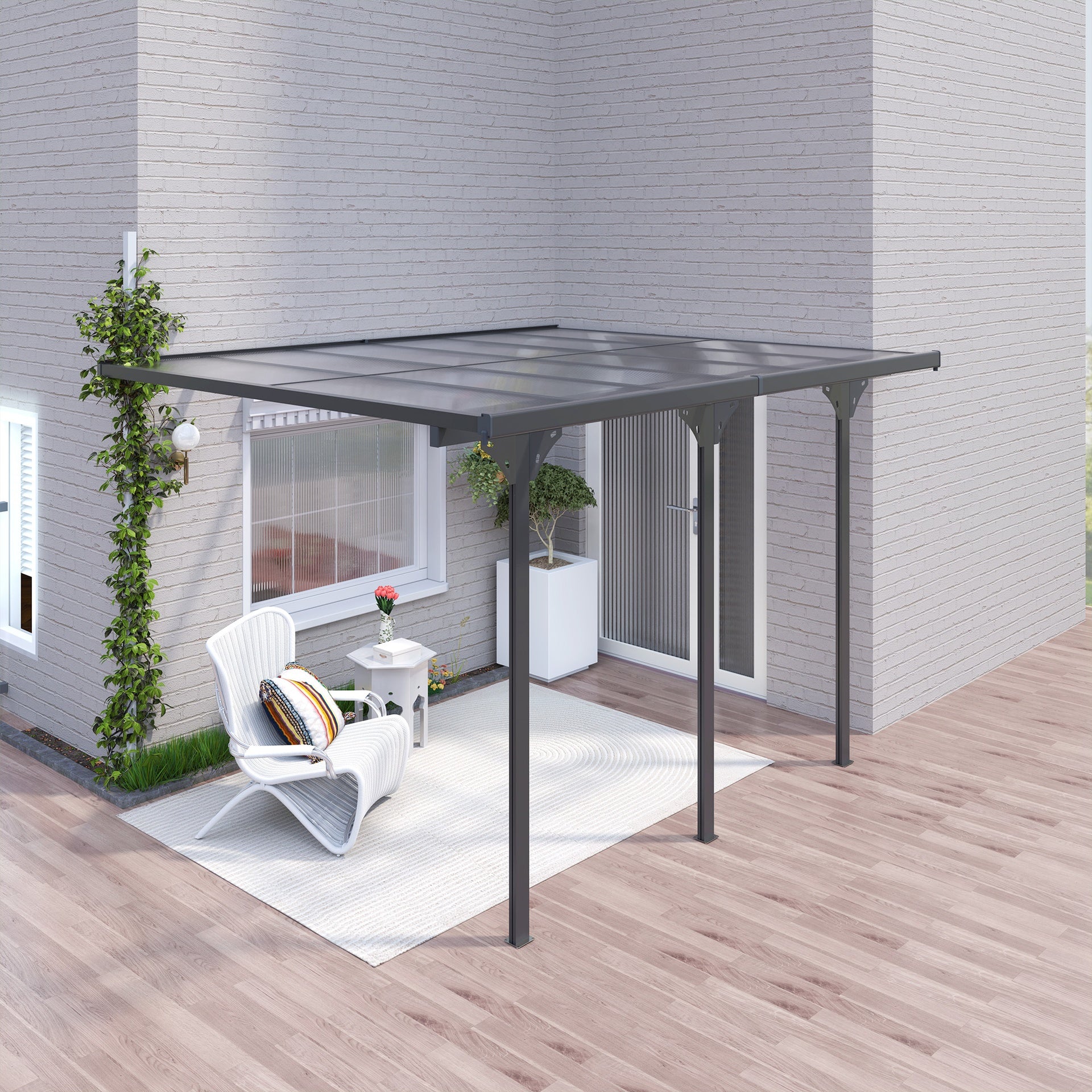 Outsunny 12' x 10' Outdoor Polycarbonate Pergola, Transparent UV Blocking Awning, Hardtop Deck Gazebo, Aluminum, Gray